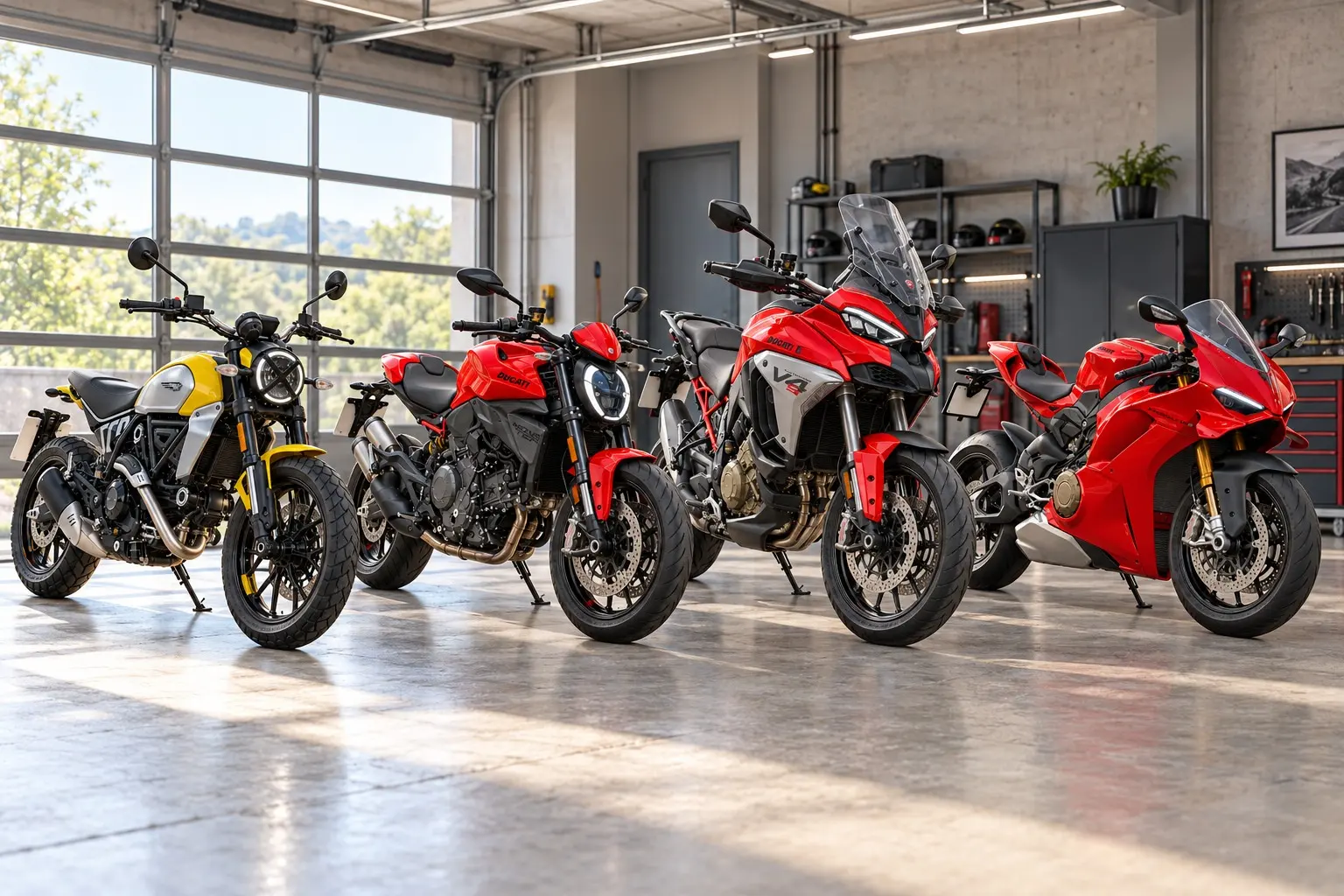 ドゥカティのバイク4台が並んだカット。左からスクランブラー アイコン(黄色)、モンスター+(赤)、ムルティストラーダV4 S(赤)、パニガーレV4 S(赤)。ガレージの中