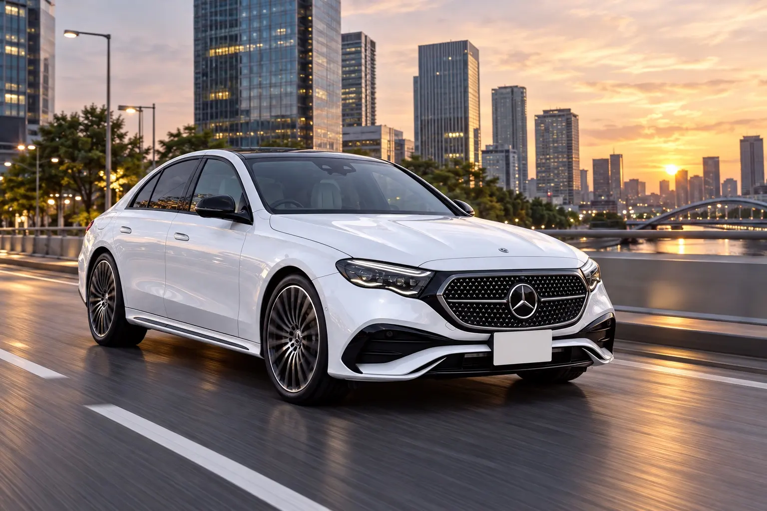 メルセデス・ベンツ E 200 Sports Night Editionを斜め前から見た実車イラスト。ポーラーホワイトのボディ、スターパターンのグリル、AMGラインの前バンパー、20インチのホイール。夕暮れの都市の大通り