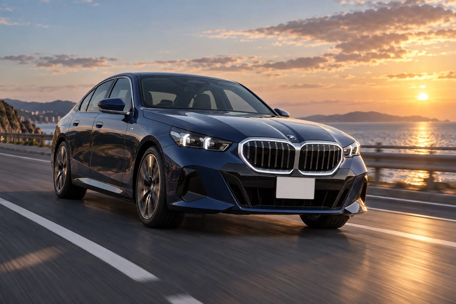 BMW 523i M Sportを斜め前から見た実車イラスト。ファイトニック・ブルーのボディ、縁が光るキドニーグリル、細いLEDヘッドライト、Mスポーツの前バンパー。夕方の海沿いの高速道路