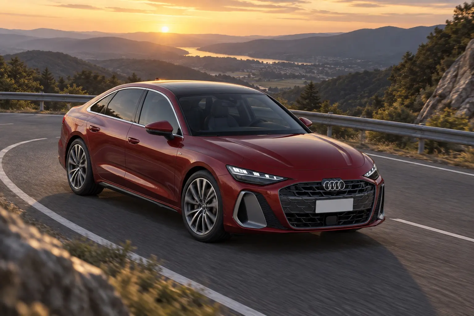 アウディ A6 TFSI quattro 200kW（2026年発売の新型）を斜め前から見た実車イラスト。グレナデンレッドのボディ、横長のシングルフレームグリル、細いLEDヘッドライト。夕方の山あいのワインディング