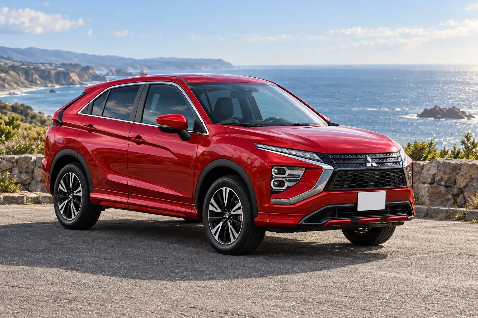 三菱 エクリプス クロス P(ガソリン・4WD)の斜め前からの外観。ボディカラーはレッドダイヤモンド。海沿いの道の展望駐車場に停まっている