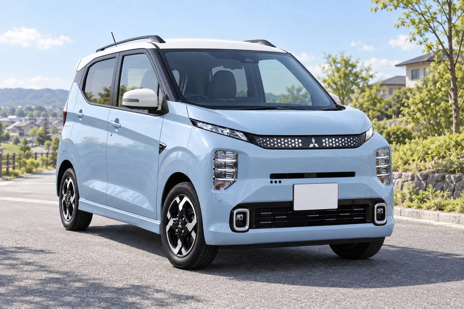 三菱 eKクロス EV(2026年改良後)の斜め前からの外観。横につながるLEDイルミネーション入りのフロントグリル、細長いヘッドライト、ボディ同色のホイールアーチとサイドシルガーニッシュ、15インチアルミホイールが分かるカット。ボディカラーはミストブルーパールとホワイトソリッドの2トーン。日本の郊外の道路、日中の自然光