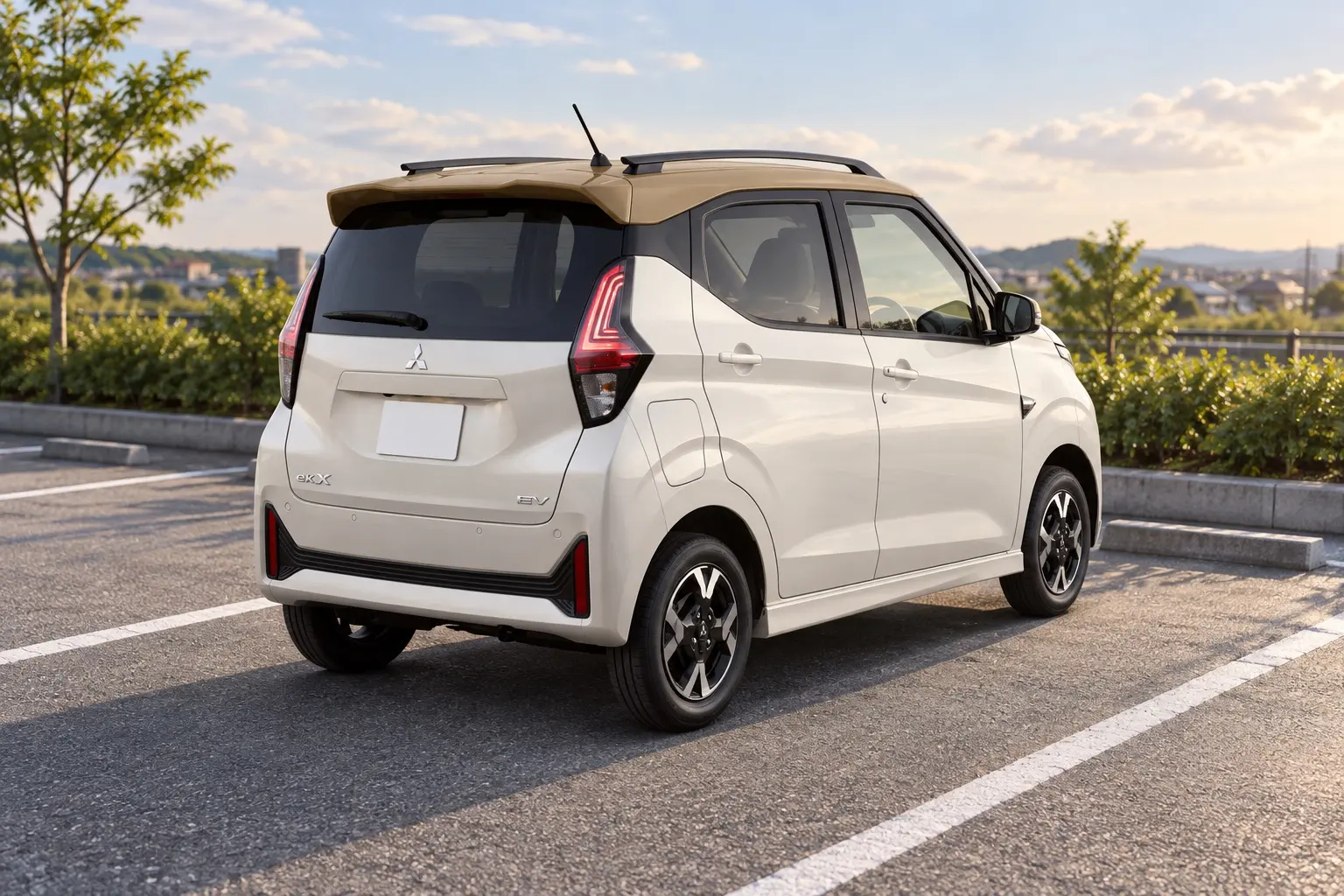 三菱 eKクロス EV(2026年改良後)の斜め後ろからの外観。ボディカラーはナチュラルアイボリーメタリックとサンドベージュパールの2トーン。ボディ同色のホイールアーチ、四角いリアゲート、横長のリアコンビネーションランプが分かるカット。郊外の駐車場、午後のやわらかい光