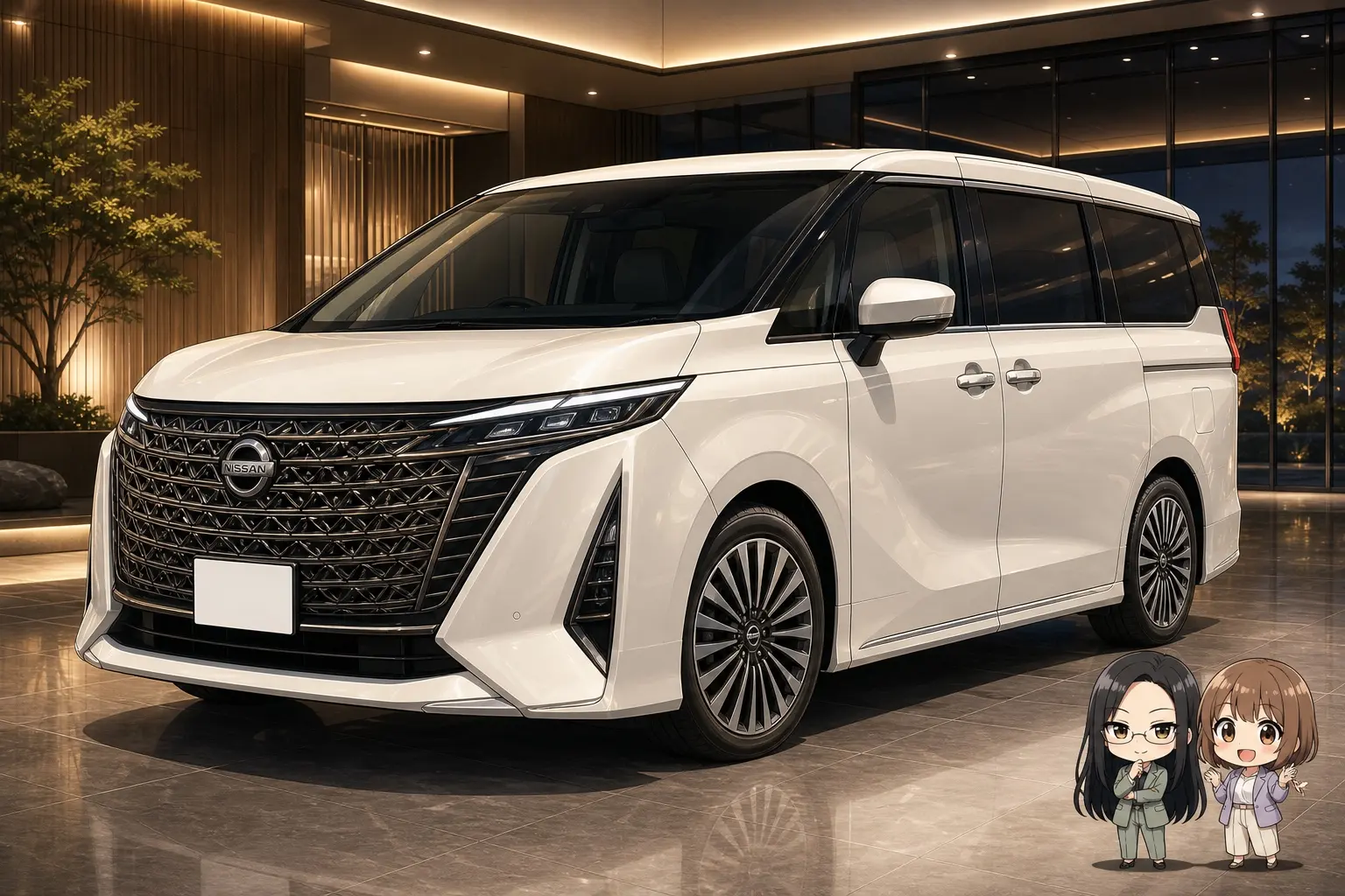 ホテルのエントランスに停まる新型日産エルグランドのフロント。大きなメッシュグリルと薄型ヘッドライトを備えた白い大型ミニバン