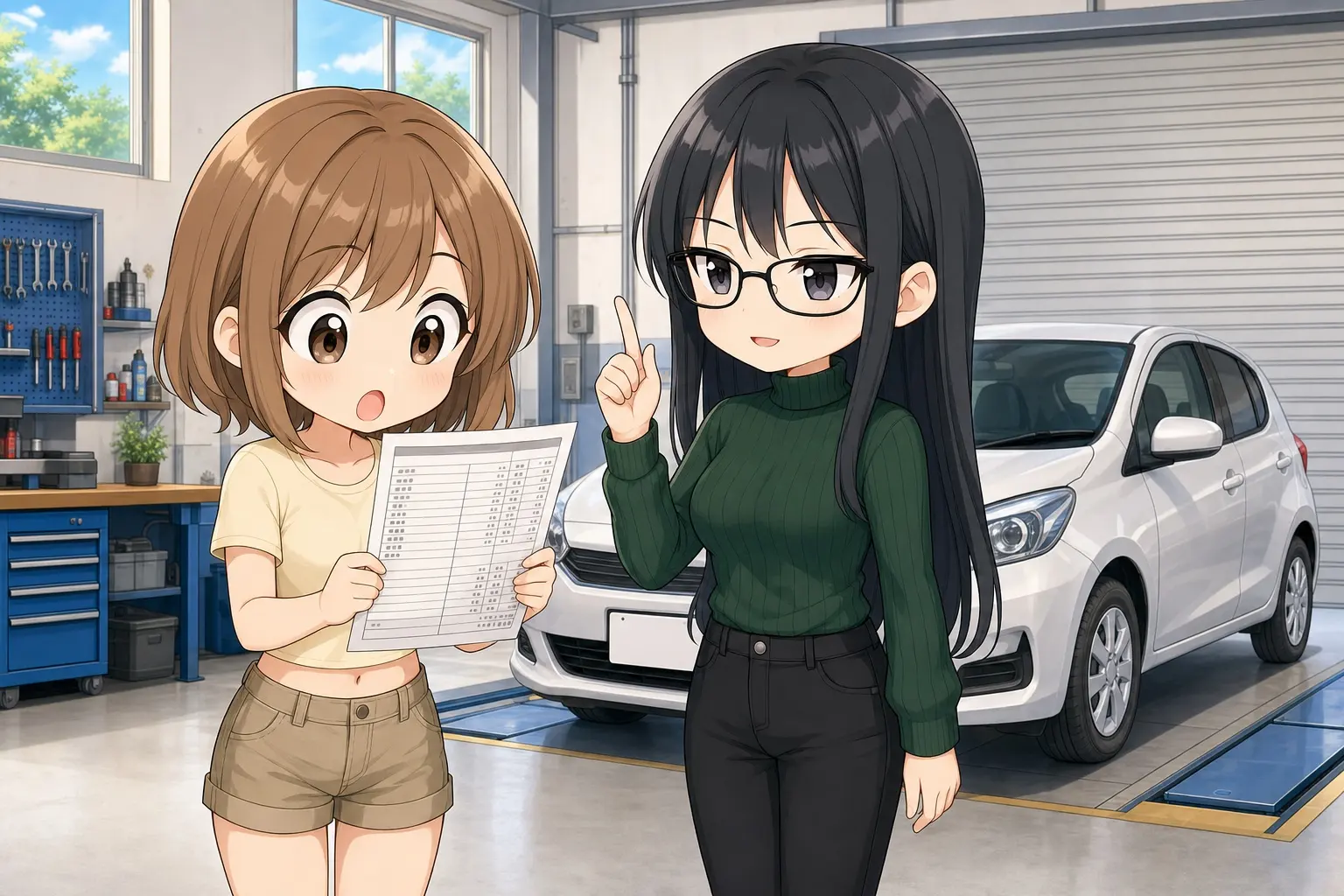 ガレージで車検の見積書を見ながら内訳に驚いているモモと、費用の構造を説明するレイ