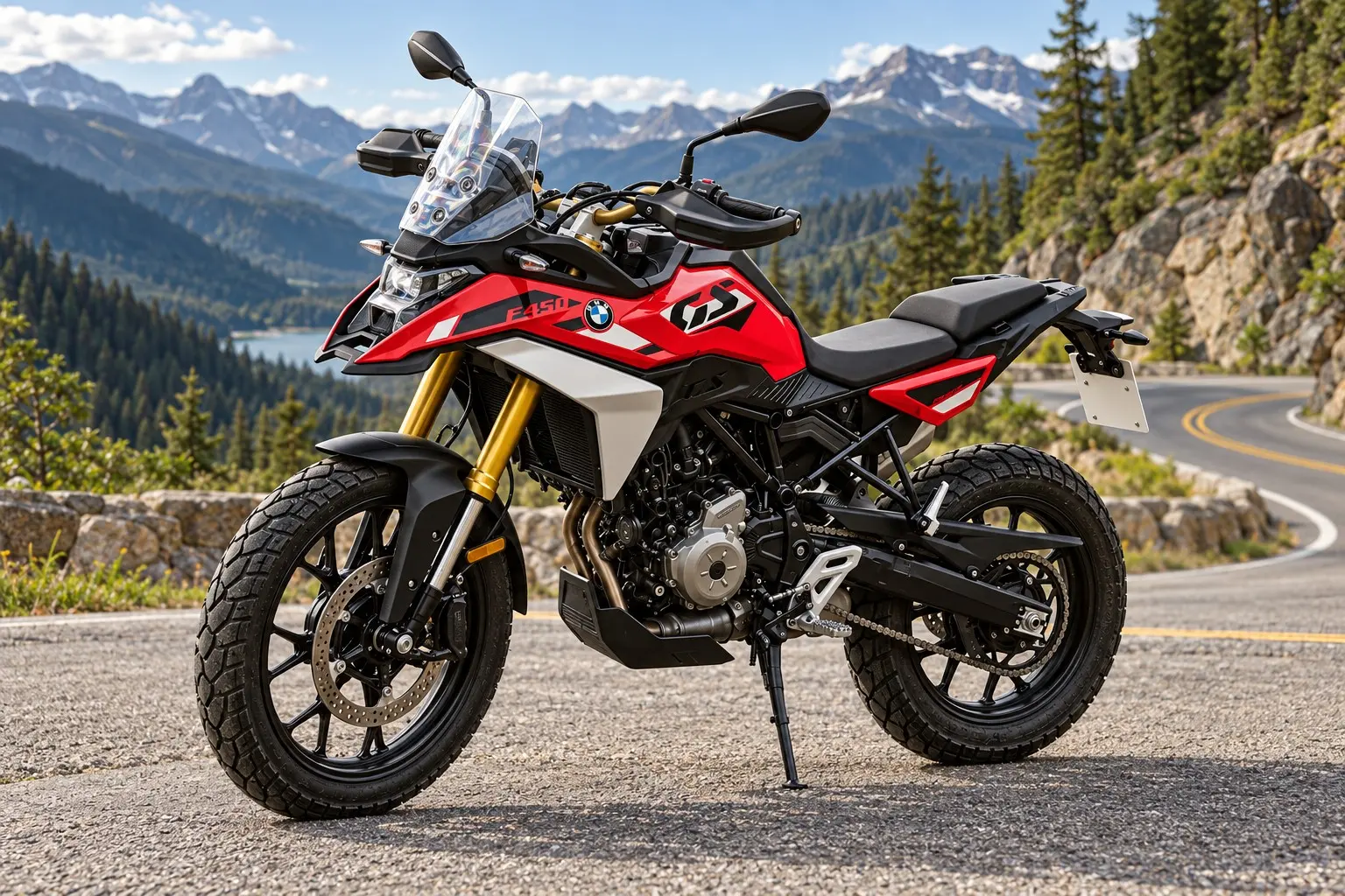 BMW F 450 GSを斜め前から見たカット。赤い車体、細いタンク、金色のフロントフォーク、短いスクリーン、前19インチ・後17インチのキャストホイール