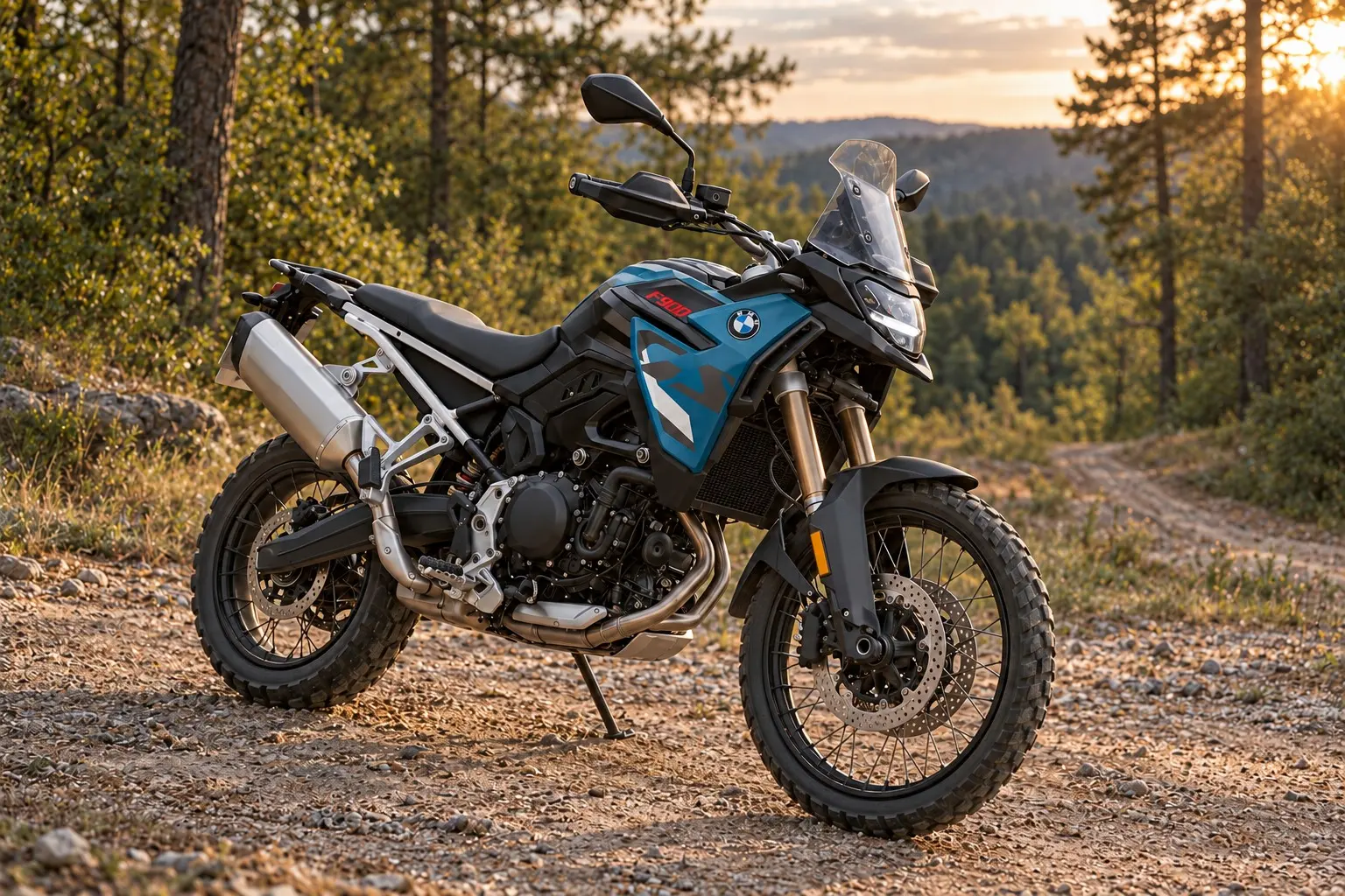 BMW F 900 GSを斜め前から見たカット。青いマットの車体、細身のタンク、短いスクリーン、前21インチ・後17インチのスポークホイール、金色のフロントフォーク