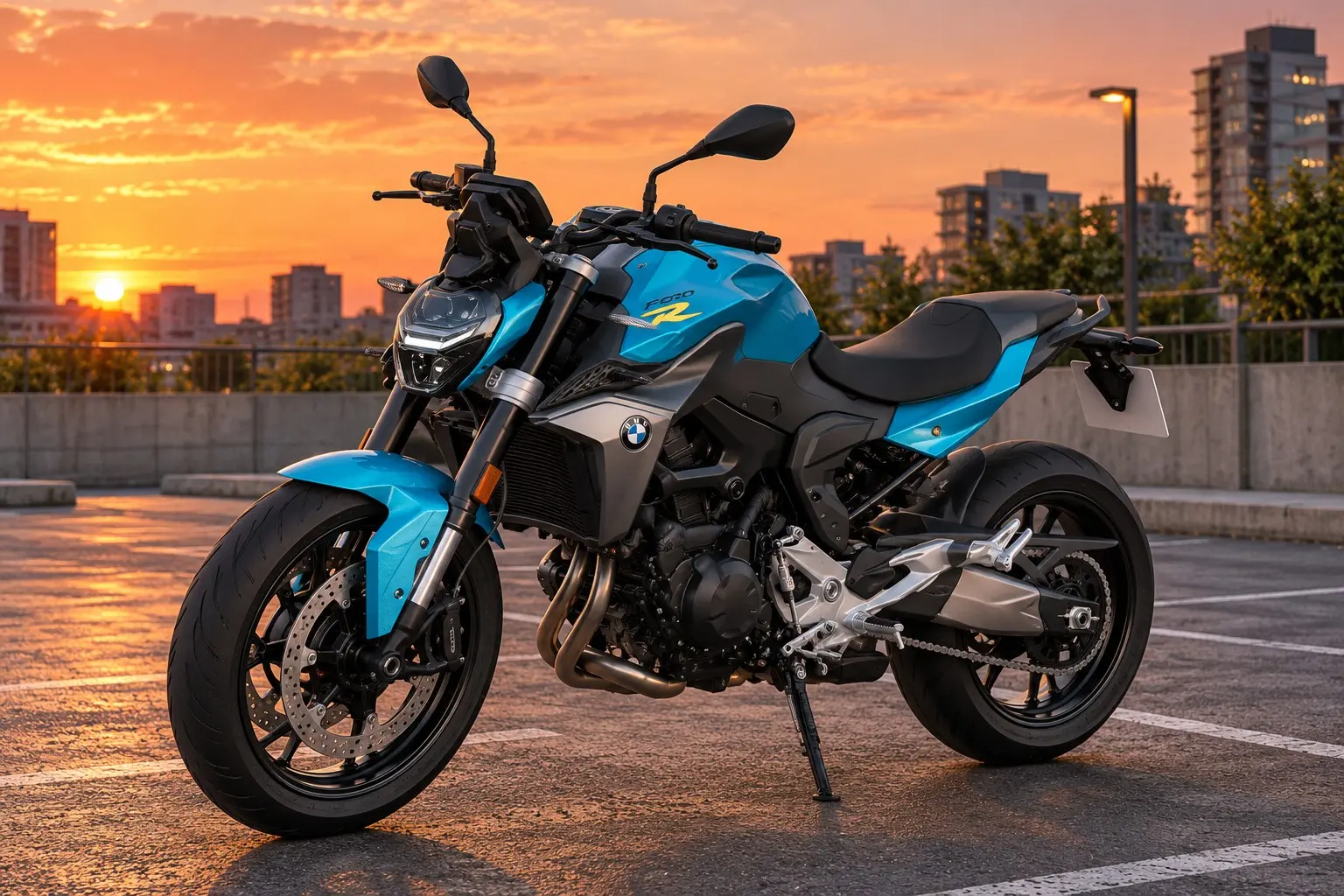 BMW F 900 Rを斜め前から見たカット。明るい青の車体、鋭いLEDヘッドライト、カウルの無いネイキッドの形、短いテール、前後17インチのキャストホイール