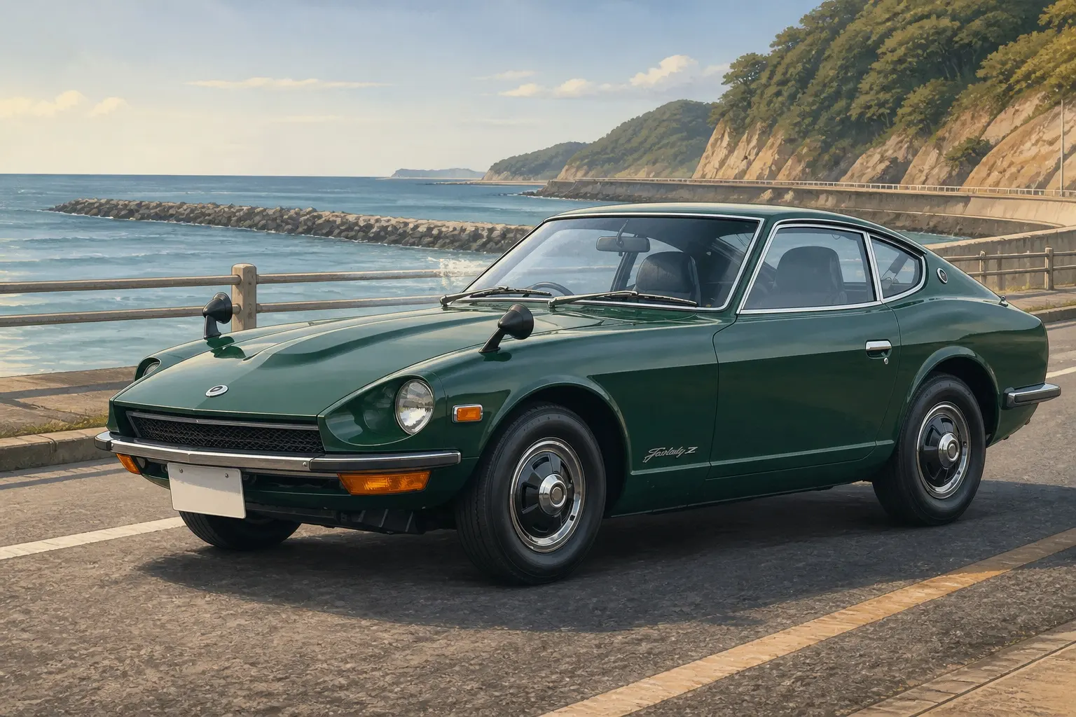 1969年式 日産 フェアレディZ(S30型)の斜め前からの外観。オレンジ系のボディカラー。当時のクロームバンパー、丸型ヘッドランプ、ボンネット後端のエアアウトレット。背景は白い無地のスタジオ