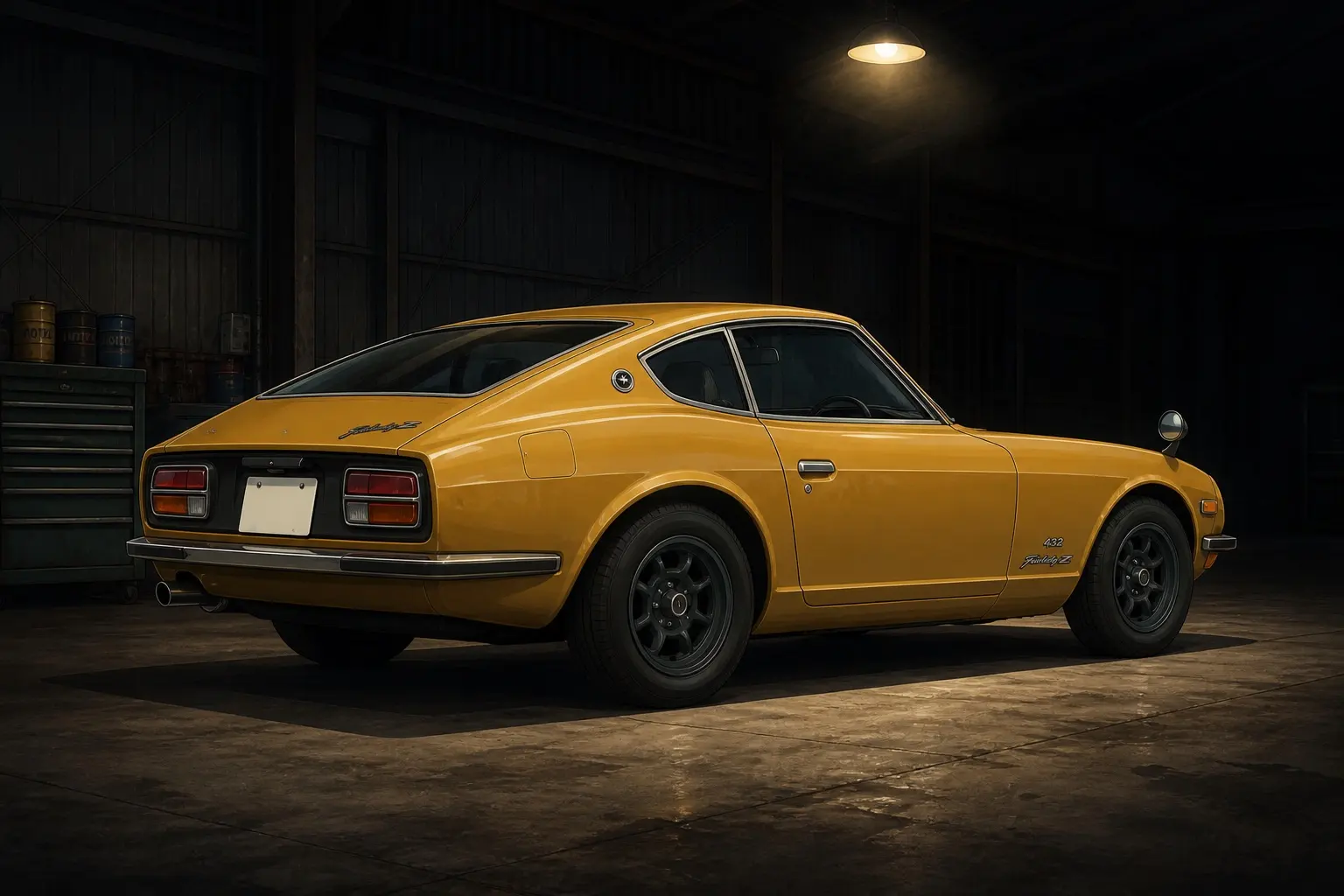 1969年式 日産 フェアレディZ432(PS30型)の斜め前からの外観。白系のボディカラー、マグネシウムホイール。背景は白い無地のスタジオ