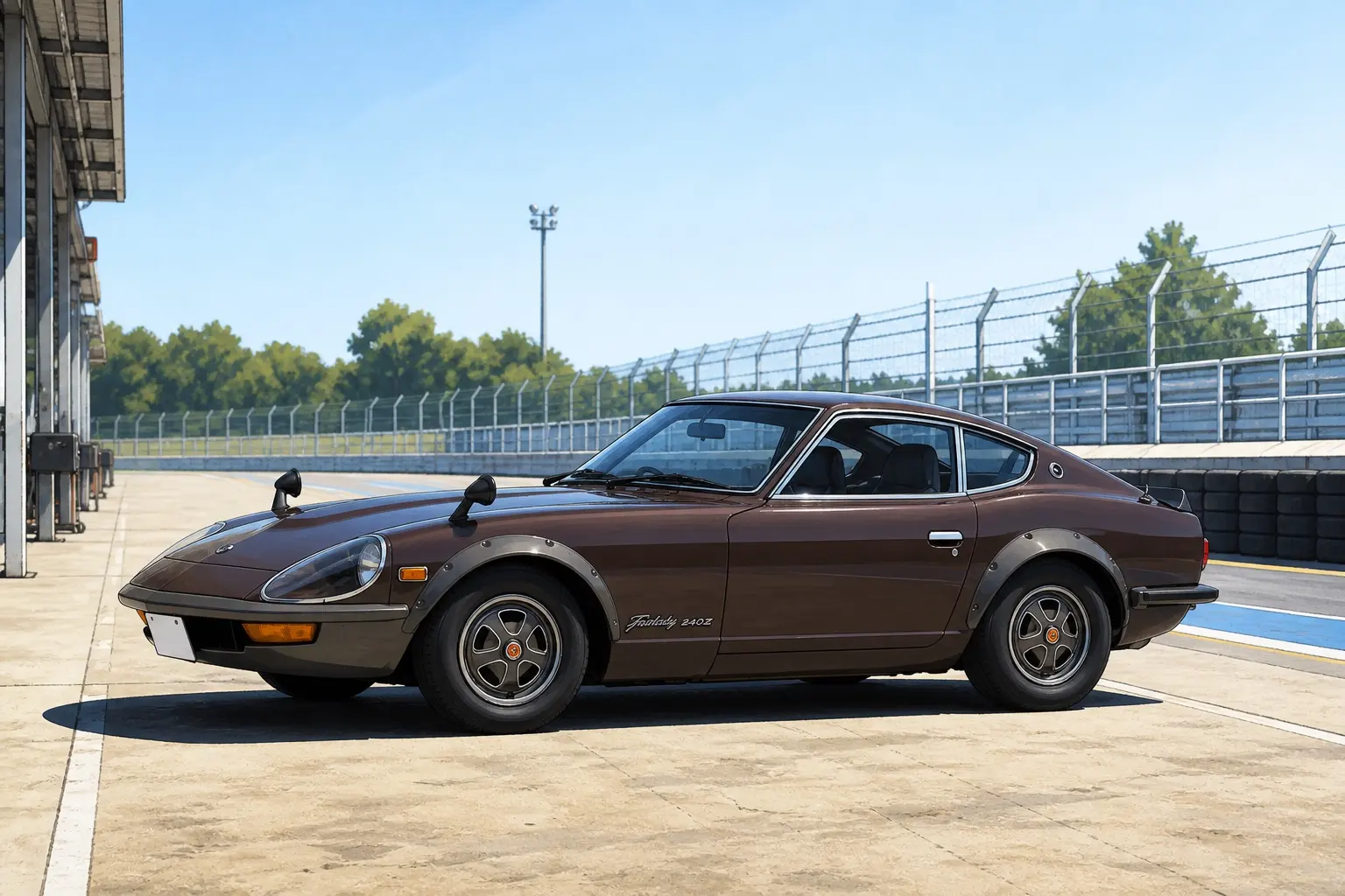 1971年式 日産 フェアレディ240ZG(HS30H型)の斜め前からの外観。オレンジ系のボディカラー、延長された長いノーズ、透明のヘッドランプカバー、リベット留め風オーバーフェンダー。背景は白い無地のスタジオ