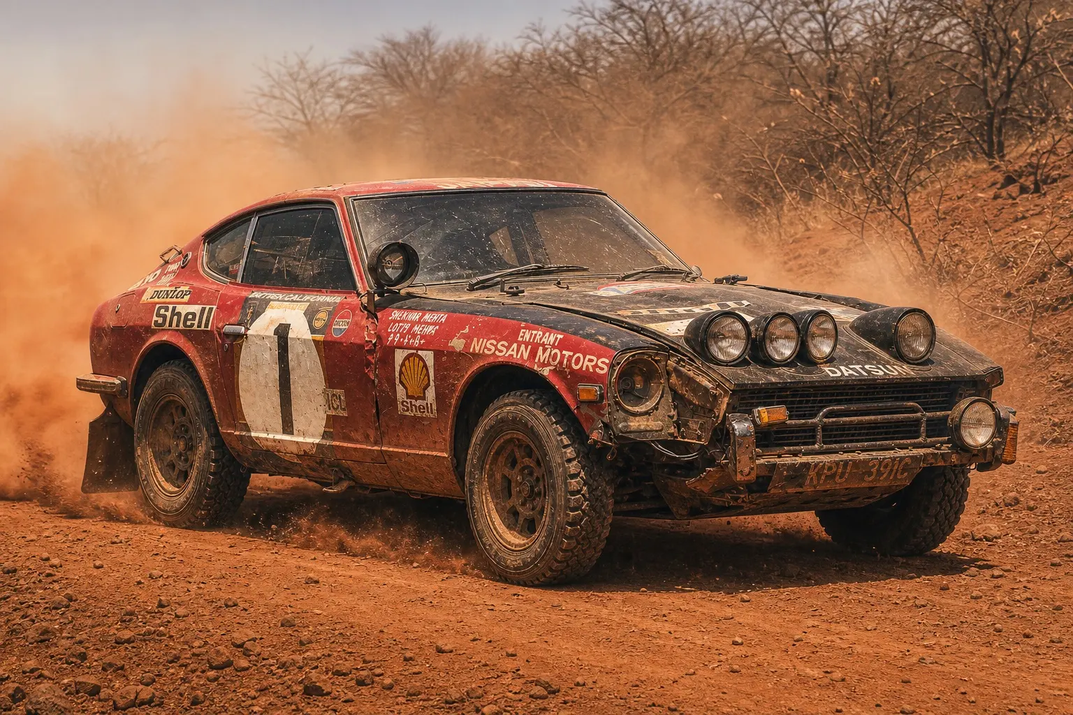1973年 東アフリカ・サファリラリー総合優勝車のダットサン240Zの斜め前からの外観。赤いボディに白い丸のゼッケン「1」、黒く塗られたボンネット、ボンネット上の4灯の補助ランプ、泥と傷で汚れた車体、マッドフラップ。背景は白い無地のスタジオ