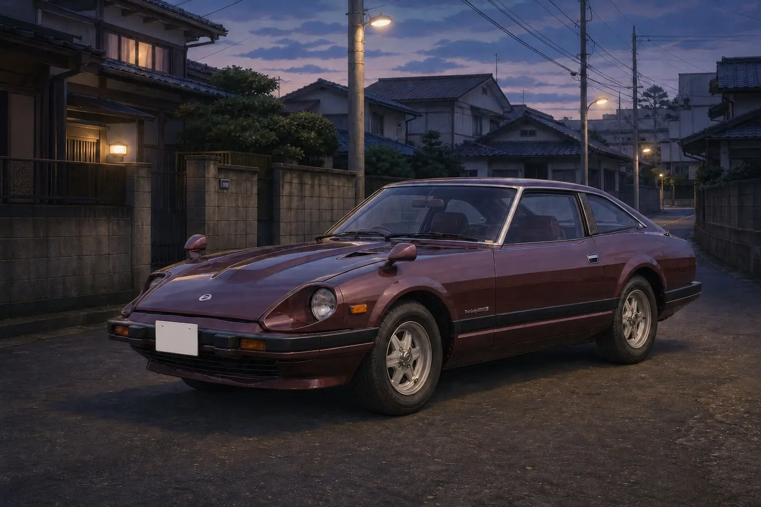 1978年式 日産 フェアレディZ(S130型)の斜め前からの外観。えんじ色系のボディカラー、丸型ヘッドランプ、ファストバック。背景は白い無地のスタジオ