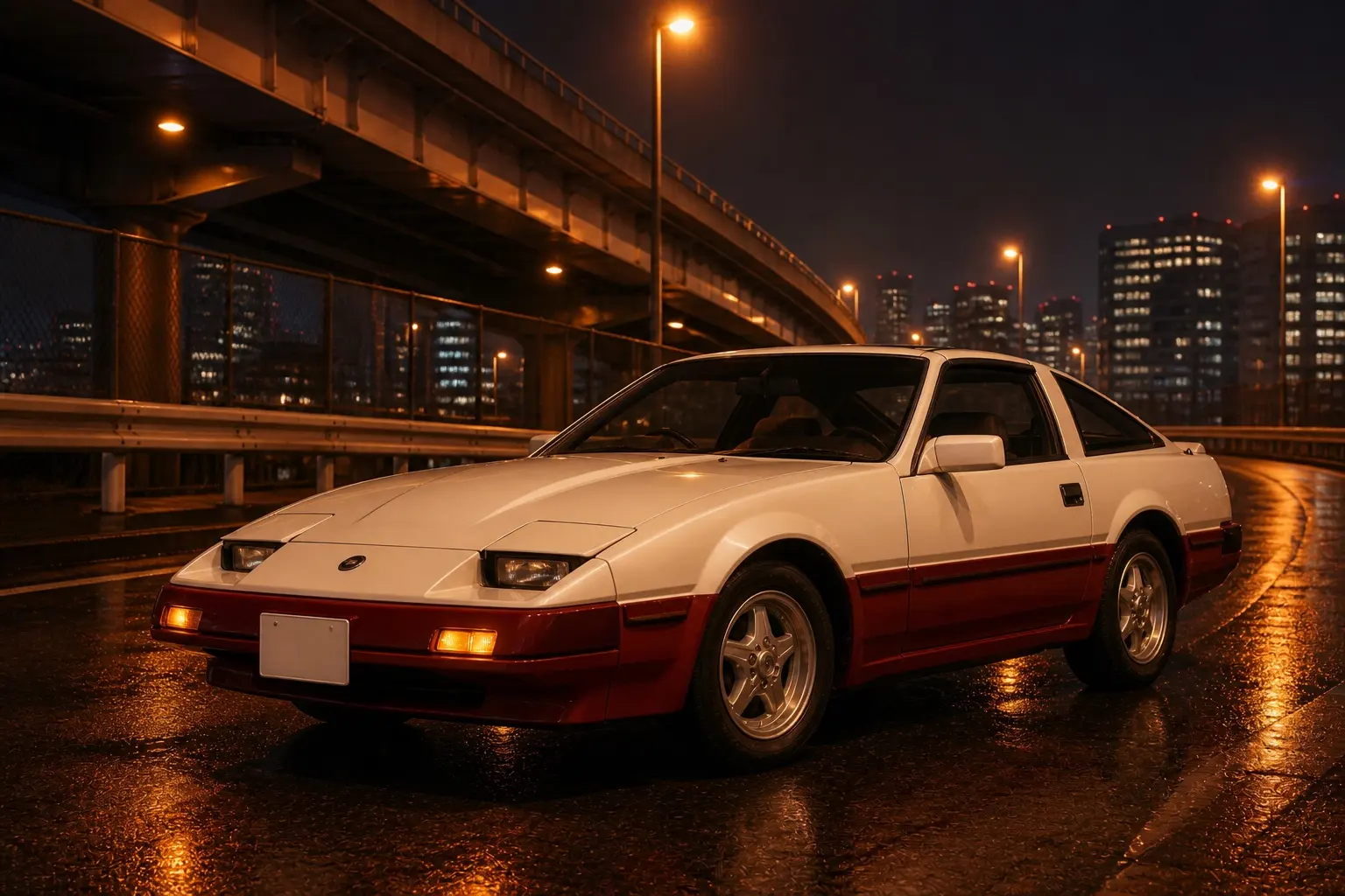 1983年式 日産 フェアレディZ(Z31型)の斜め前からの外観。白と赤のツートン、くさび形のシルエット、パラレルライジング式ヘッドランプ。背景は白い無地のスタジオ