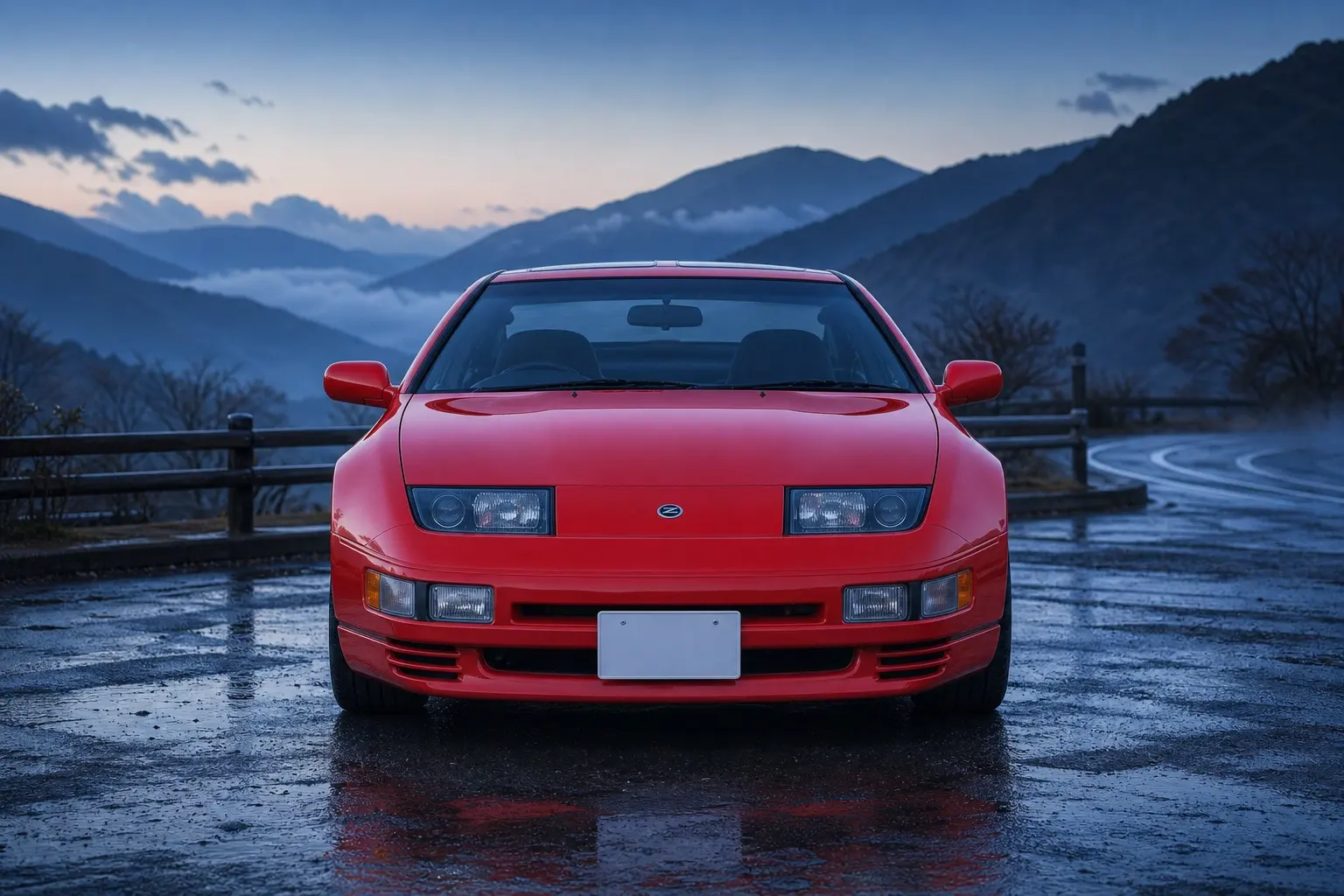 1989年式 日産 フェアレディZ(Z32型)の斜め前からの外観。赤いボディカラー、ワイドで低いスタンス、約60度傾けた薄型ヘッドランプ、ツインターボ車の外観。背景は白い無地のスタジオ