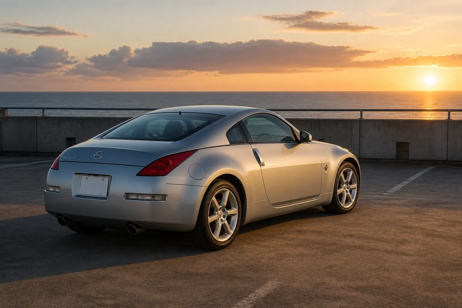 2002年式 日産 フェアレディZ(Z33型)の斜め前からの外観。オレンジ系のボディカラー、短いオーバーハング、縦方向に伸びたヘッドランプ。背景は白い無地のスタジオ