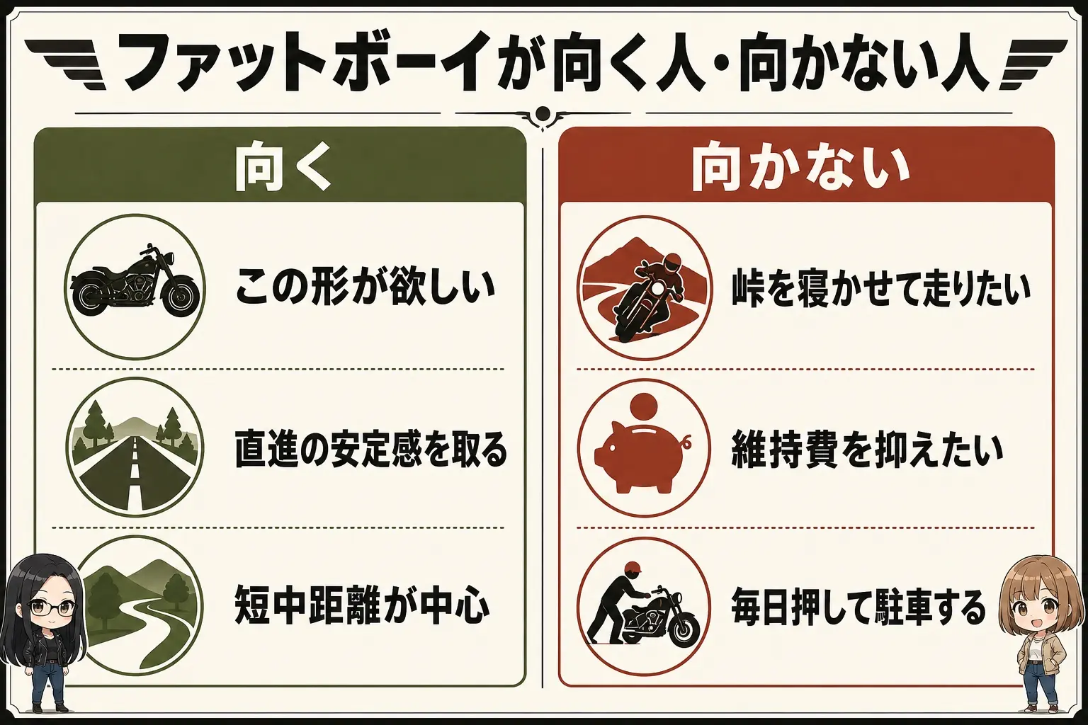 ハーレーダビッドソン ファットボーイの選び方を整理した日本語の図解。向いているのは「この形が欲しい」「直進の安定感を取る」「短中距離が中心」、向いていないのは「峠を寝かせて走りたい」「維持費を抑えたい」「毎日押して駐車する」という分け方。レイとモモのイラスト付き