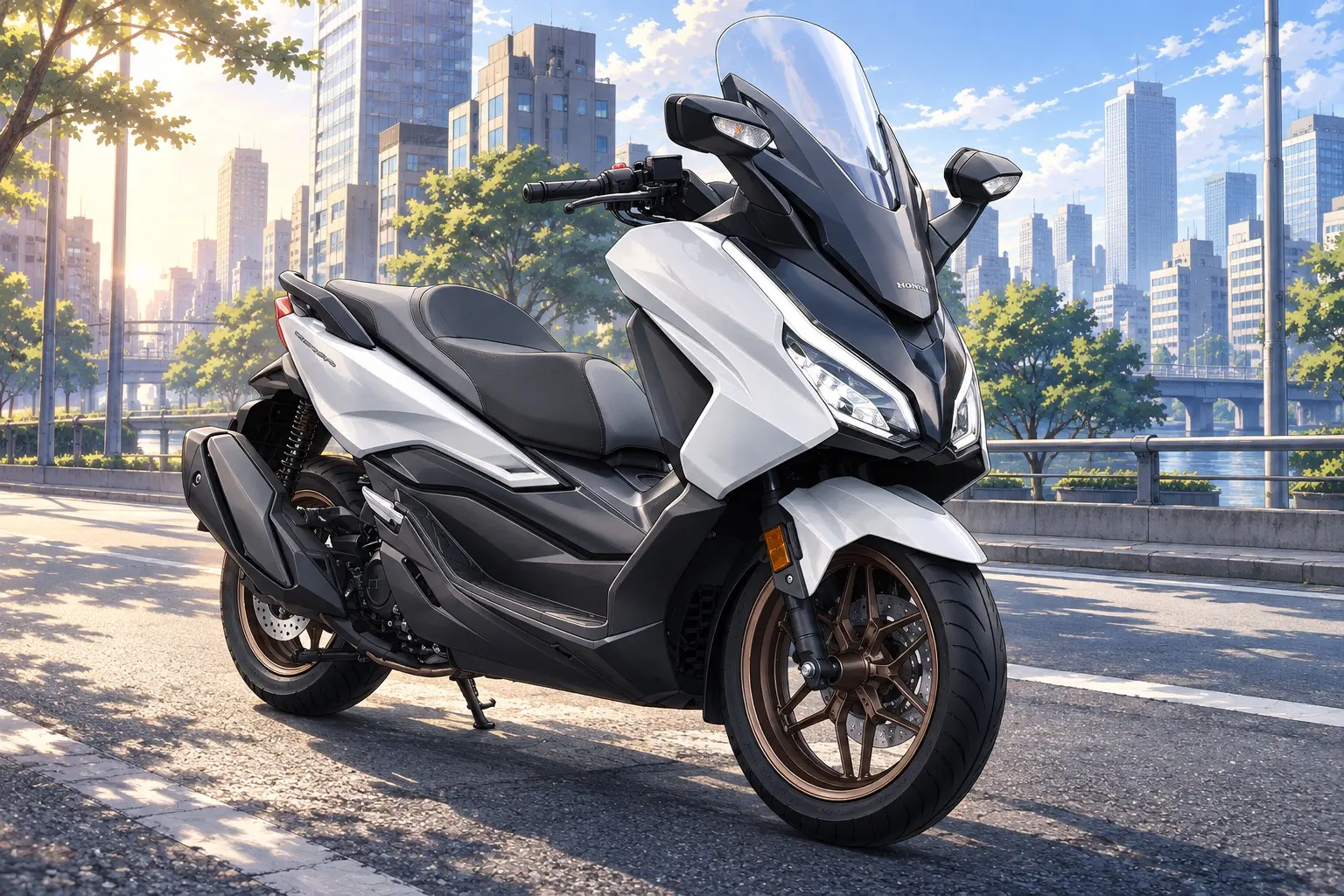 ホンダ フォルツァを斜め前から見たカット。パールシャイニングブラックの車体、LEDヘッドライト、大型の電動スクリーン