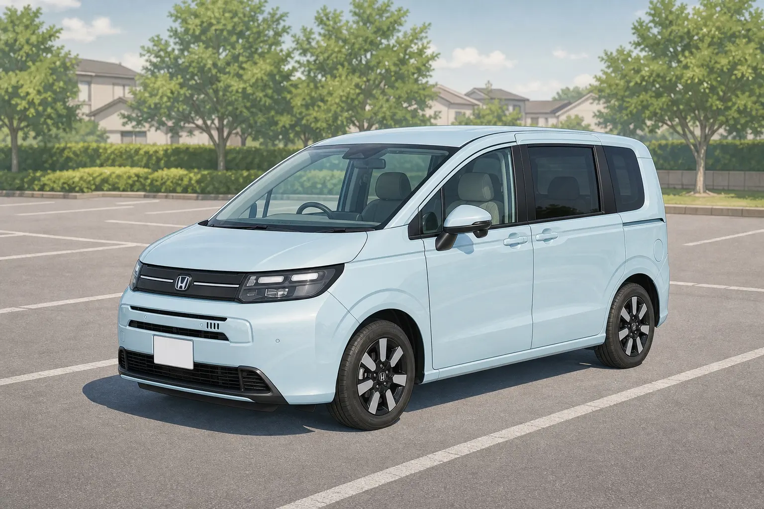 白系のホンダ フリード AIR（3代目）を左斜め前から捉えた外観カット。水平基調のフロントまわり、直立したフロントガラス、両側スライドドアが分かる