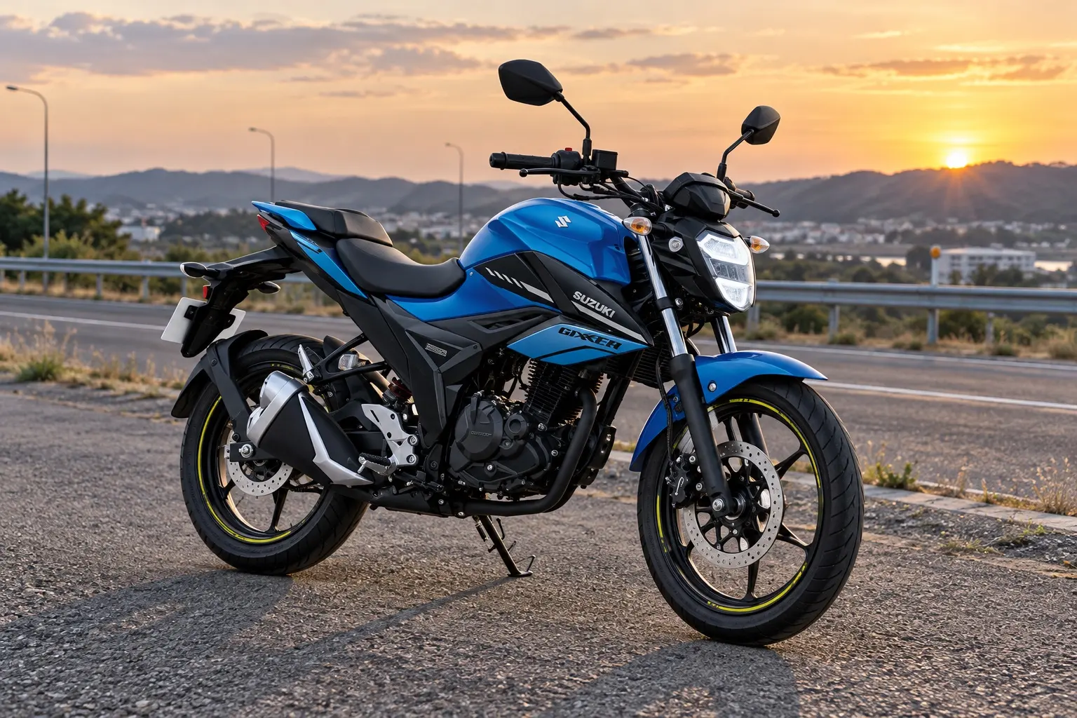 スズキ ジクサー150を斜め前から見たカット。黒と青の車体、鋭いLEDヘッドライト、筋肉質なタンクまわり、むき出しの単気筒エンジン、前後17インチのホイール