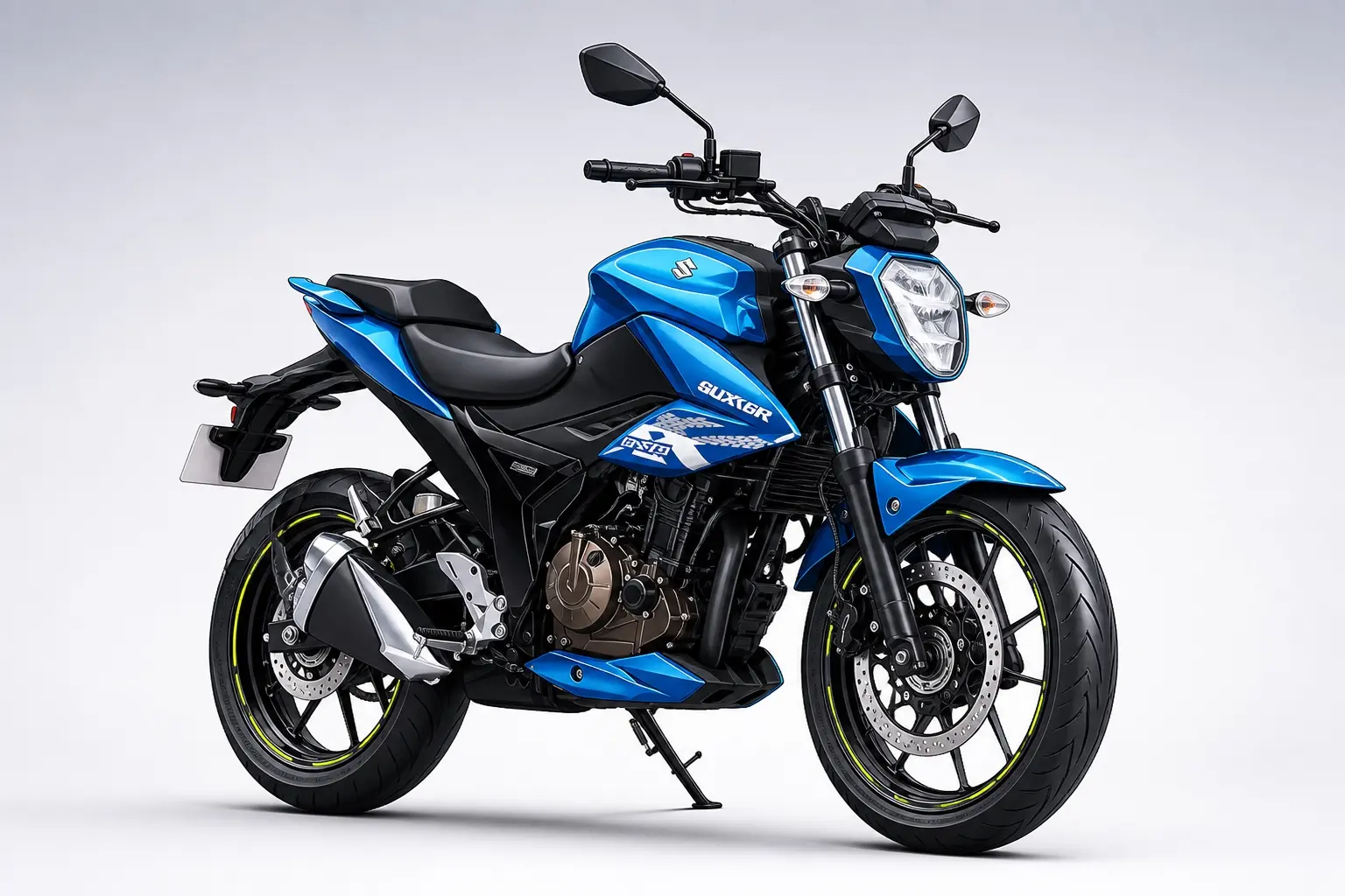 黒と青のスズキ ジクサー250を斜め前から捉えた外観カット。カウルの無いネイキッドで、アップライトなバーハンドルが分かる