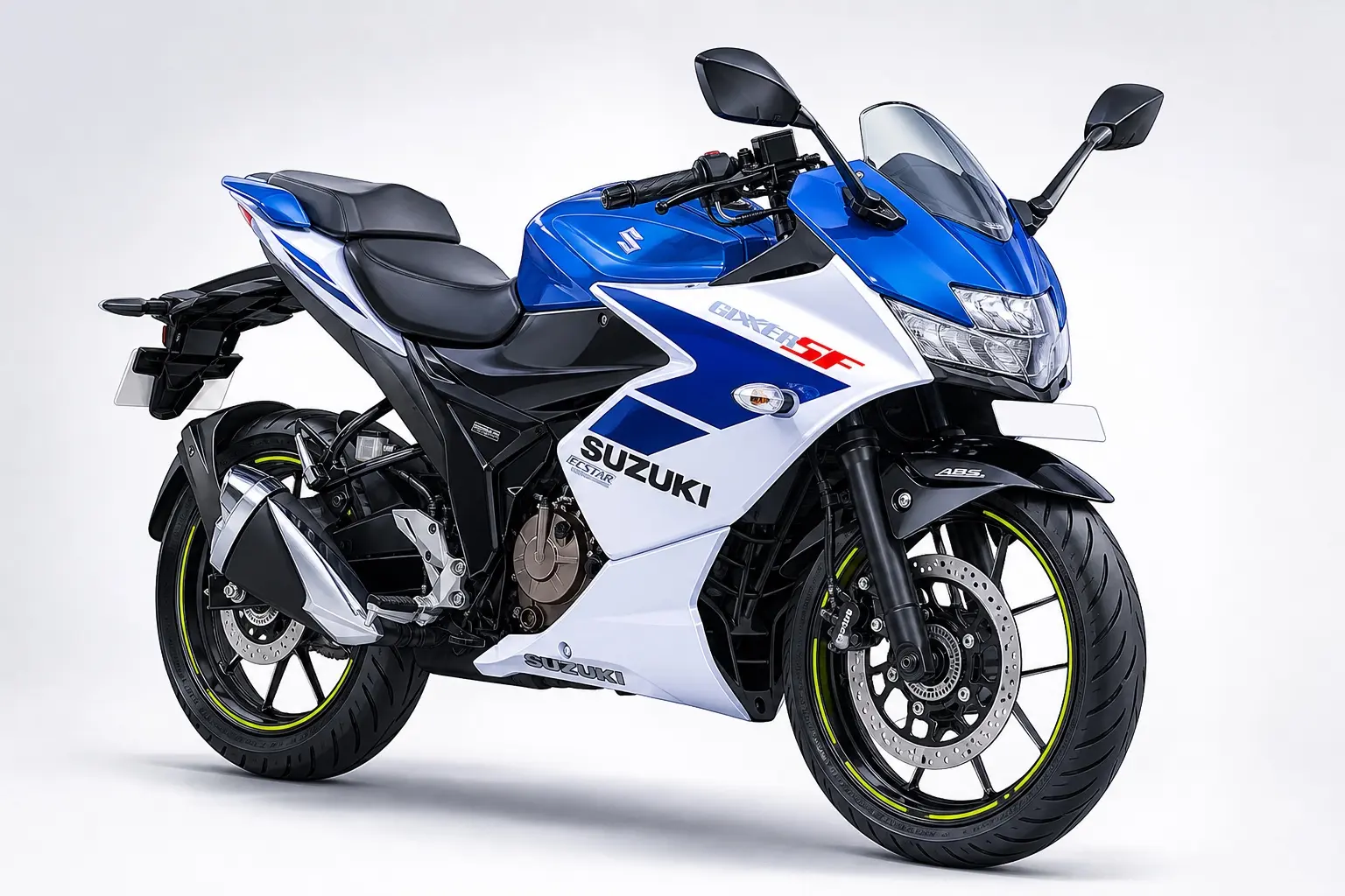 青と白のスズキ ジクサーSF250を斜め前から捉えた外観カット。フルカウルのスポーツバイクで、セパレートハンドルが分かる
