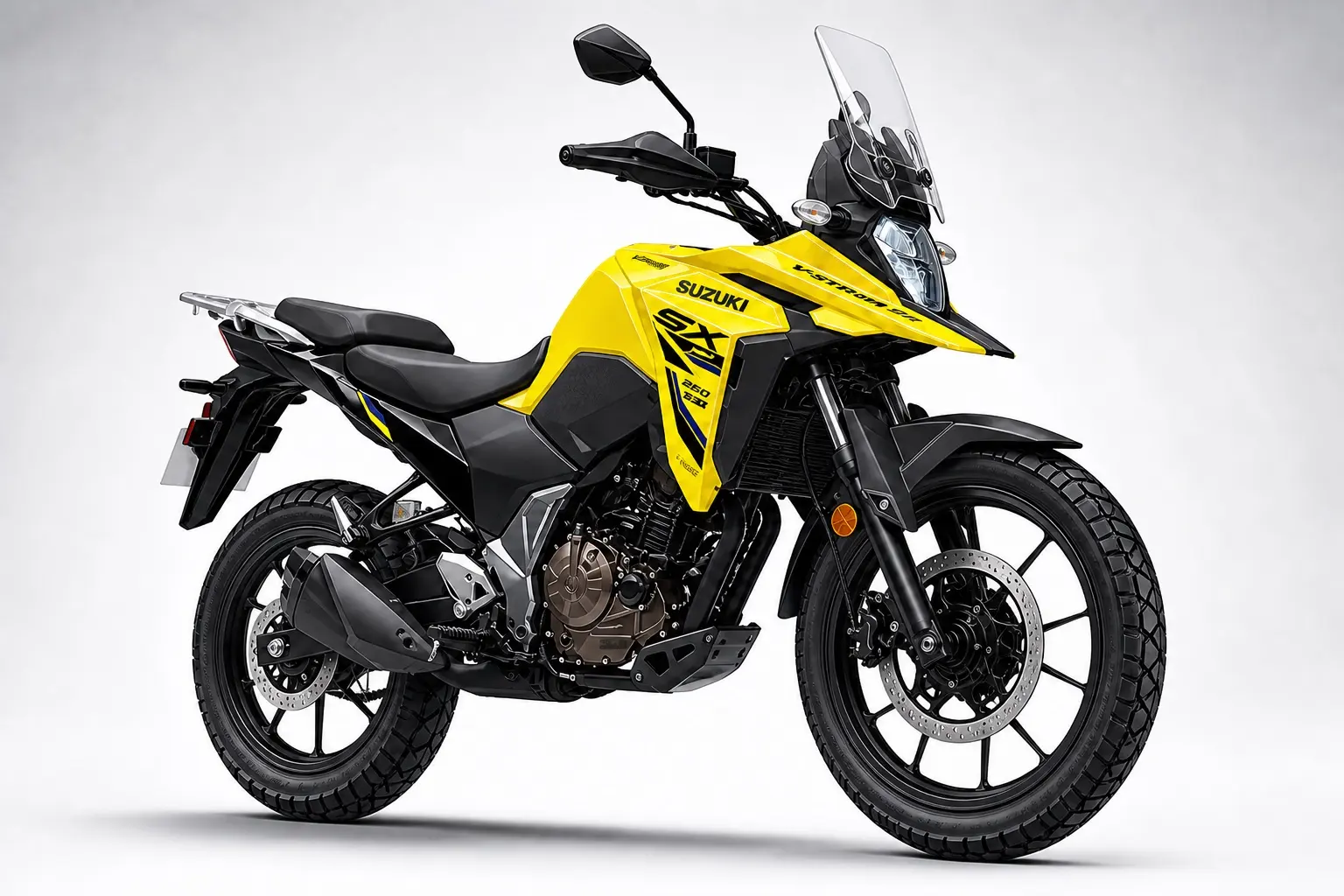 黄色と黒のスズキ Vストローム250SXを斜め前から捉えた外観カット。アドベンチャーらしい大径前輪とウインドスクリーンが分かる