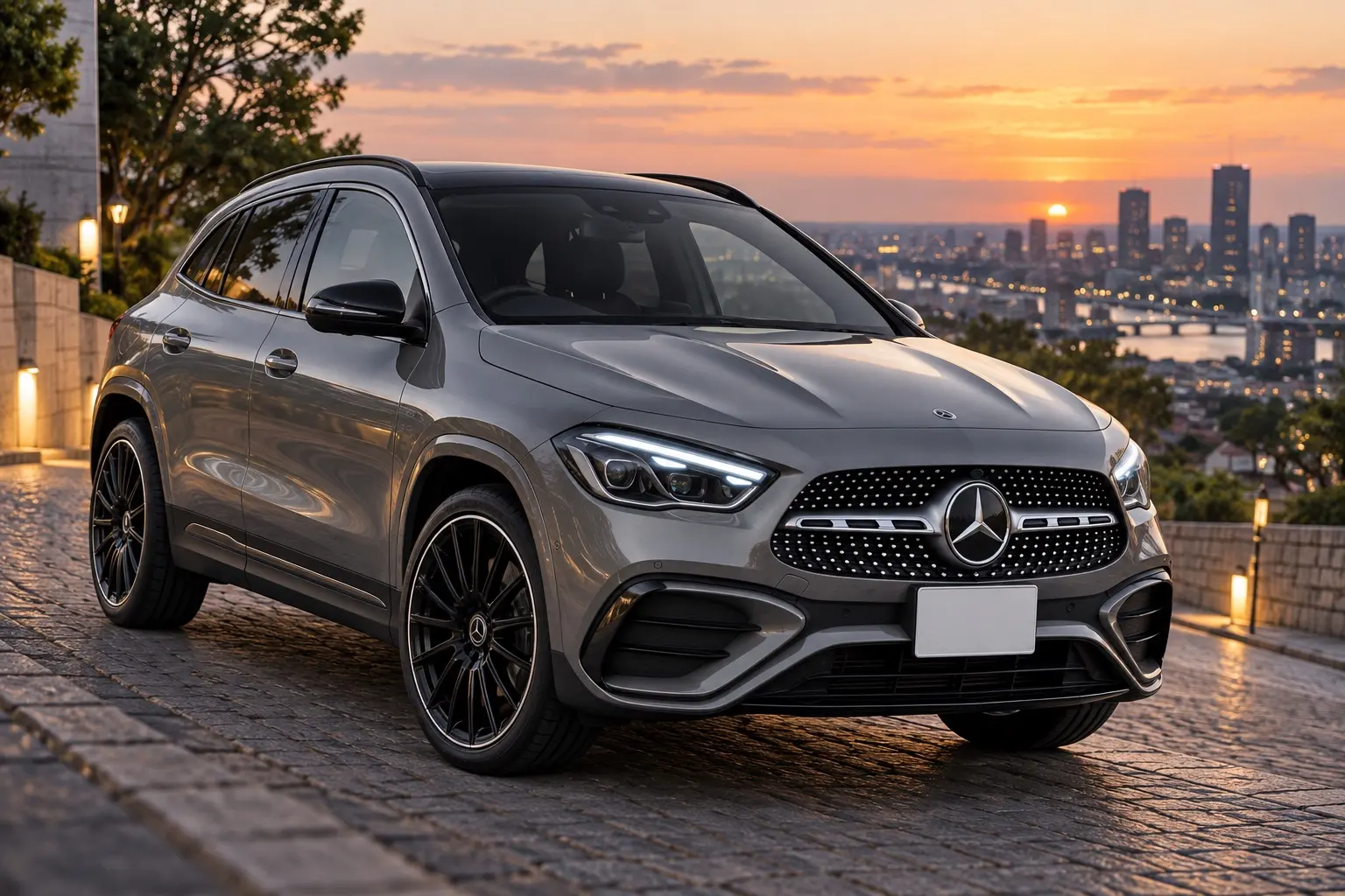 メルセデス・ベンツ GLA 180 Urban Starsを斜め前から見た実車イラスト。マウンテングレーのボディ、AMGラインの前バンパー、黒い差し色のナイトパッケージ、20インチのAMGホイール。夕暮れの街の坂道