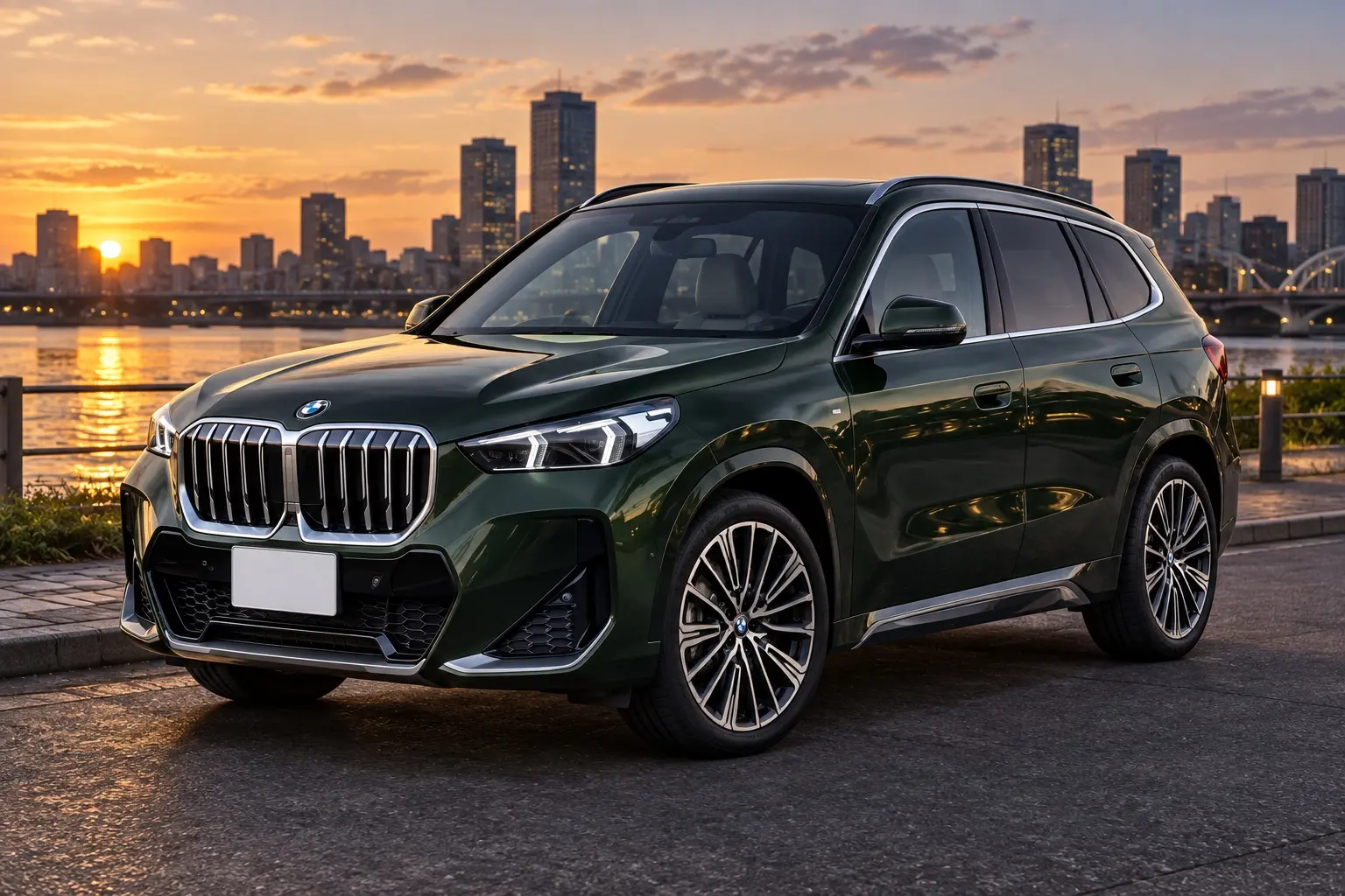 BMW X1 sDrive20i M Sportを斜め前から見た実車イラスト。ケープ・ヨーク・グリーンのボディ、大きなキドニーグリル、細いLEDヘッドライト、Mスポーツの前バンパー。夕方の川沿いの道