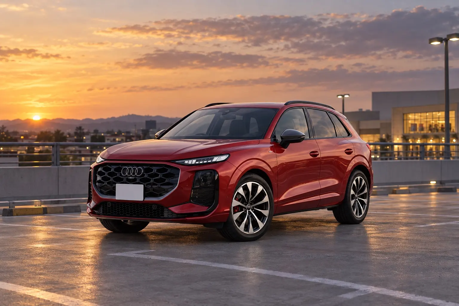 アウディ Q3 TFSI 110kW advanced（S line装着）を斜め前から見た実車イラスト。プログレッシブレッドのボディ、八角形のシングルフレームグリル、細いLEDヘッドライト、19インチのホイール。夕方の郊外のショッピングモールの屋上駐車場