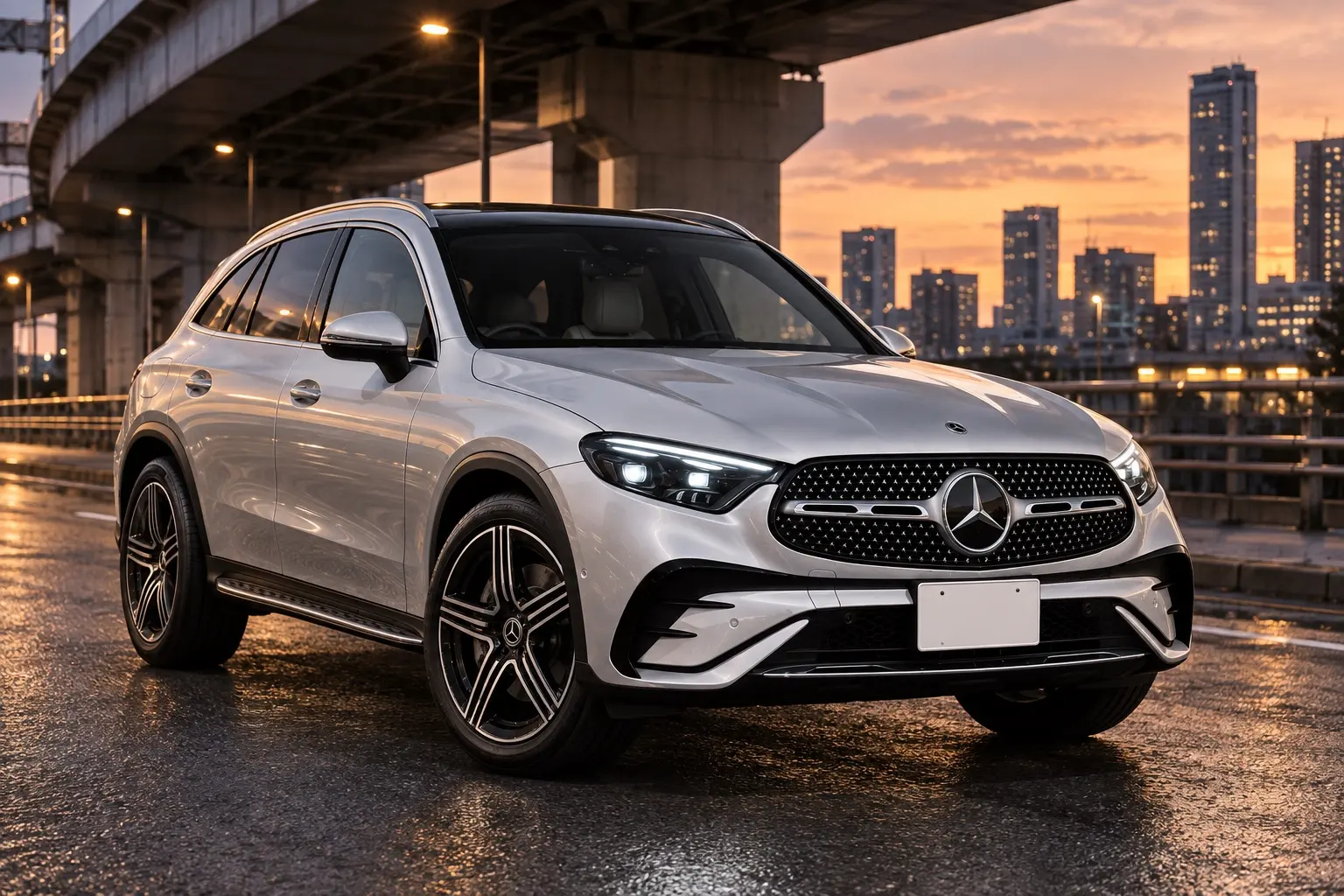 メルセデス・ベンツ GLC 220 d 4MATIC Sportsを斜め前から見た実車イラスト。ハイテックシルバーのボディ、大きなスリーポインテッドスターのグリル、AMGラインの前バンパー、20インチのAMGホイール。夕暮れの都心の高架下の道