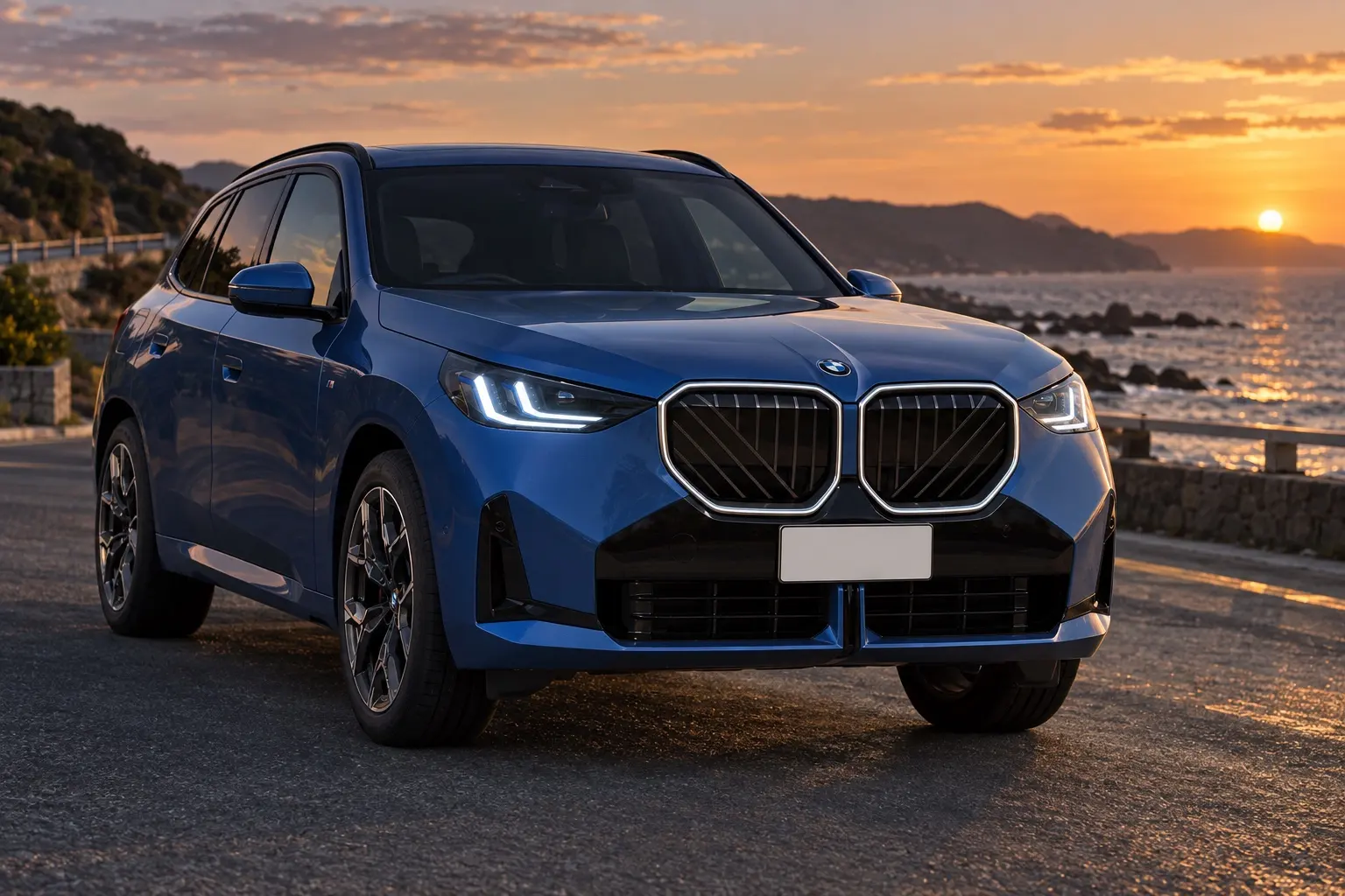 BMW X3 20d xDrive M Sportを斜め前から見た実車イラスト。アークティック・レース・ブルーのボディ、斜めのラインが入った大きなキドニーグリル、細いLEDヘッドライト、Mスポーツの前バンパー。夕方の郊外の海沿いの道