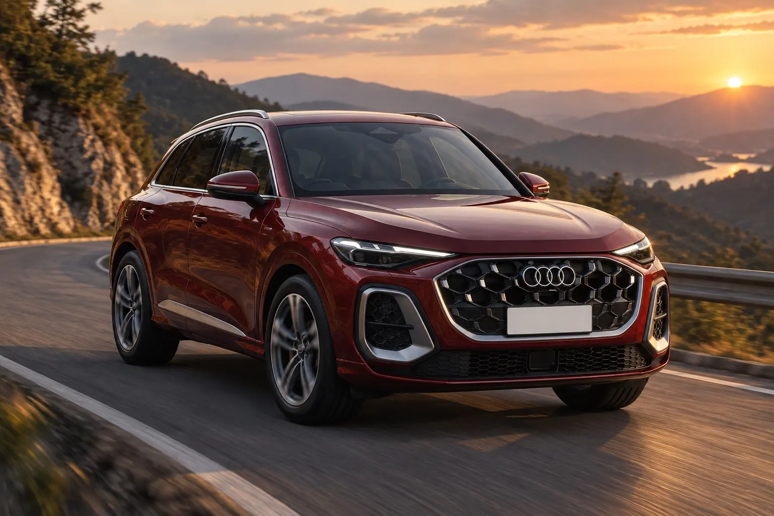 アウディ Q5 TDI quattro 150kW advanced（S line装着）を斜め前から見た実車イラスト。グレナディンレッドのボディ、八角形のシングルフレームグリル、細く鋭いLEDヘッドライト、19インチのホイール。夕方の山あいのワインディング