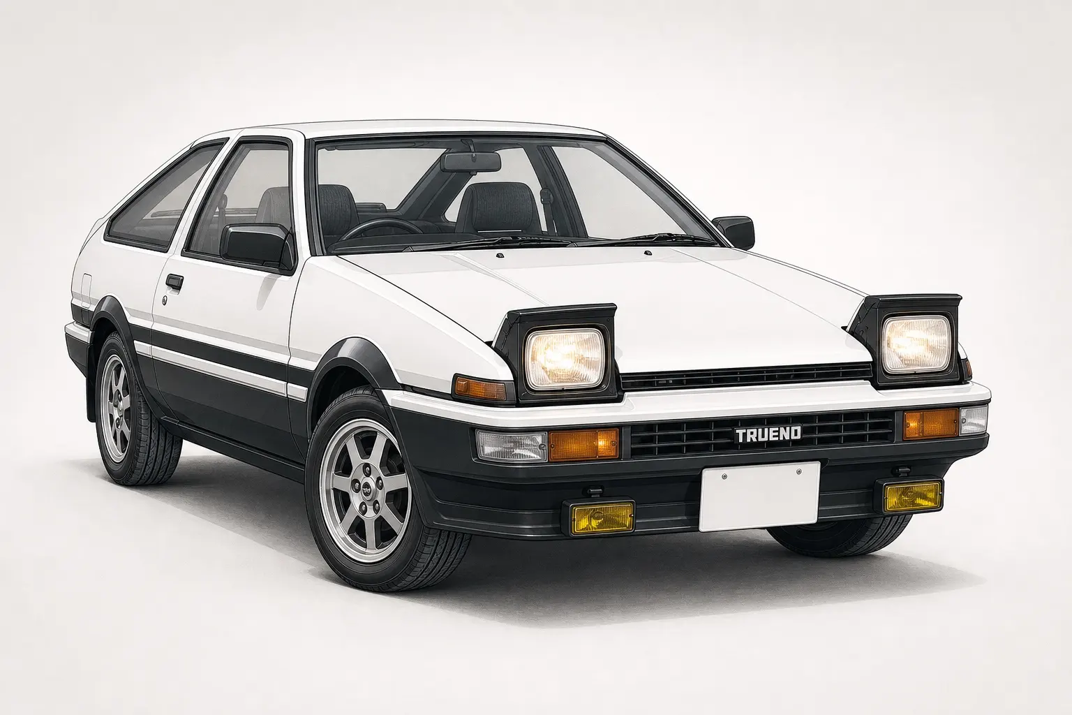 1983年式 トヨタ スプリンタートレノ（AE86型）3ドアの斜め前からの外観。白と黒のツートン、リトラクタブルヘッドランプが開いた状態。背景は白い無地のスタジオ
