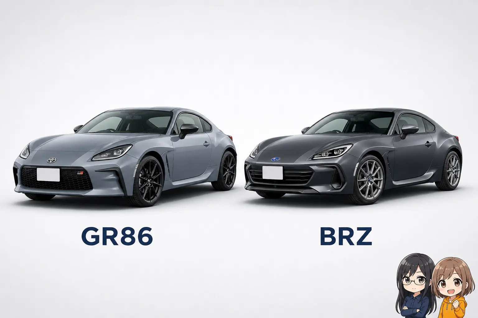 トヨタ GR86 とスバル BRZ を左右に並べた斜め前からの外観。左のGR86はソリッドグレーで黒いホイール、グリルにGR86のバッジ。右のBRZはマグネタイトグレーでシルバーの17インチホイール、スバルの六連星エンブレム。背景は白い無地のスタジオ