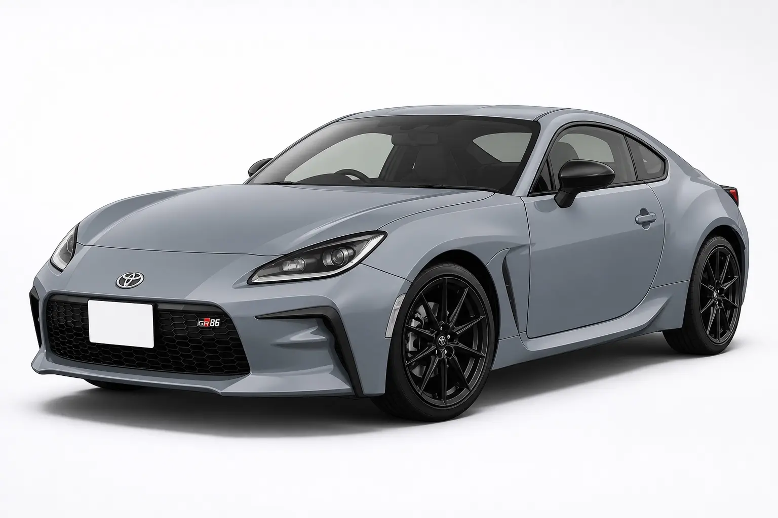 トヨタ GR86（ZN8型・2026年8月一部改良後）の斜め前からの外観。ボディカラーはソリッドグレー、ホイールは黒。背景は白い無地のスタジオ
