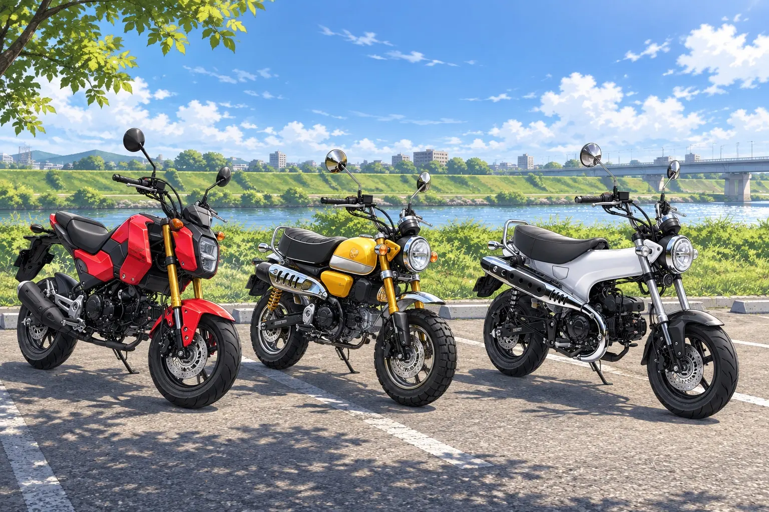 ホンダの125cc3台を並べたカット。グロム（赤）、モンキー125（黄）、ダックス125（白）。いずれも前後12インチホイール