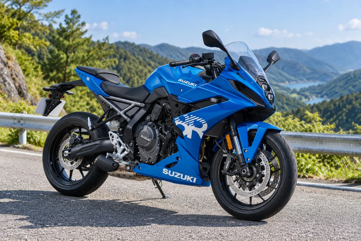 スズキ GSX-8Rを斜め前から見たカット。トリトンブルーメタリックのフルカウル、LEDヘッドライト、セパレートハンドル、並列2気筒エンジン