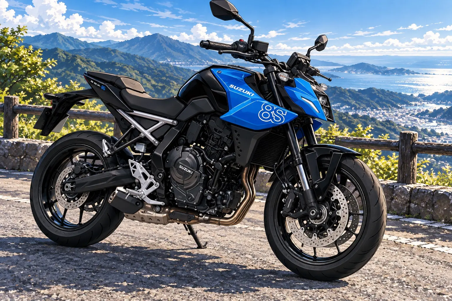 スズキ GSX-8Sを斜め前から見たカット。グラススパークルブラックとトリトンブルーメタリックの車体、LEDヘッドライト、KYB製倒立フォーク