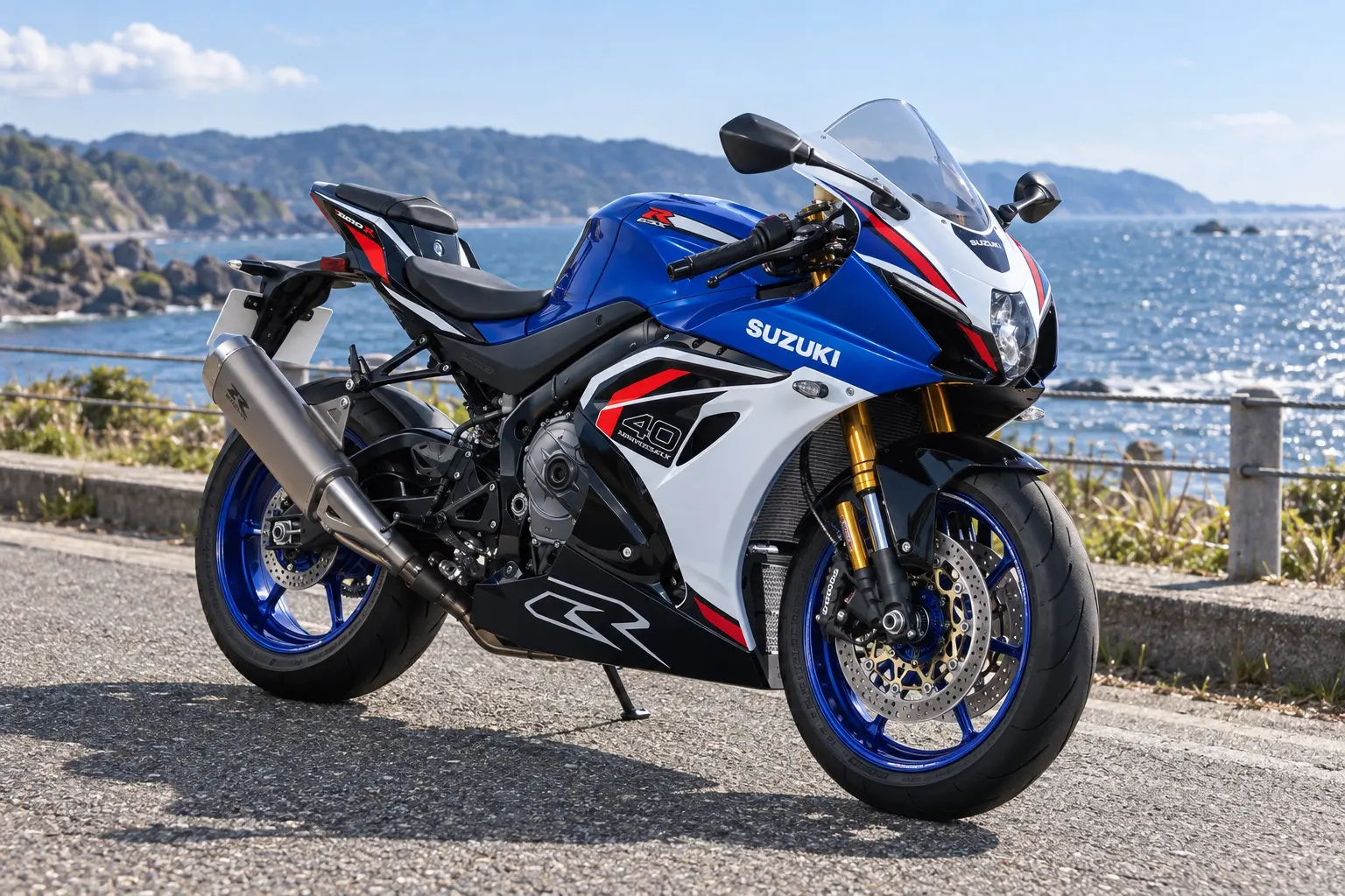 スズキ GSX-R1000Rを斜め前から見たカット。青と白のフルカウル、低いスクリーン、セパレートハンドル、金色のフロントフォーク、銀色の大きなマフラー