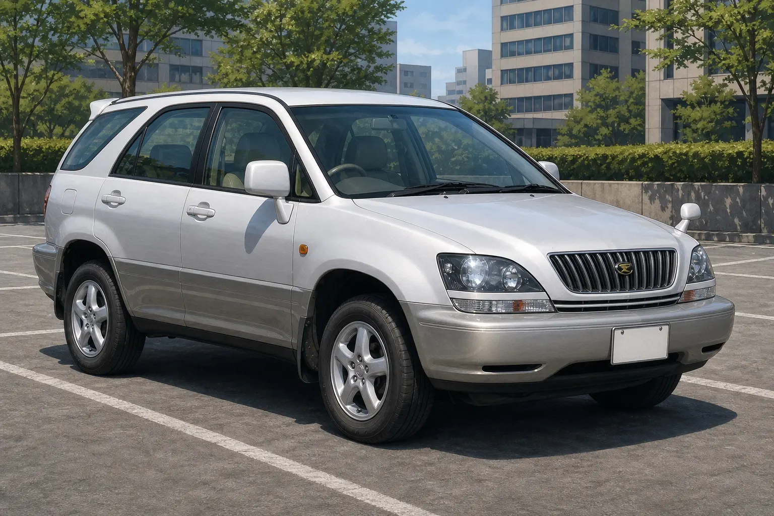 初代トヨタ ハリアー(XU10型)の斜め前からの実車イラスト。縦桟のクロームグリル、丸みのある1990年代終わりのボディ、全長4,575mmの小ぶりなクロスオーバーSUV、ボディカラーはシルバー。晴れた日の街なかの駐車場