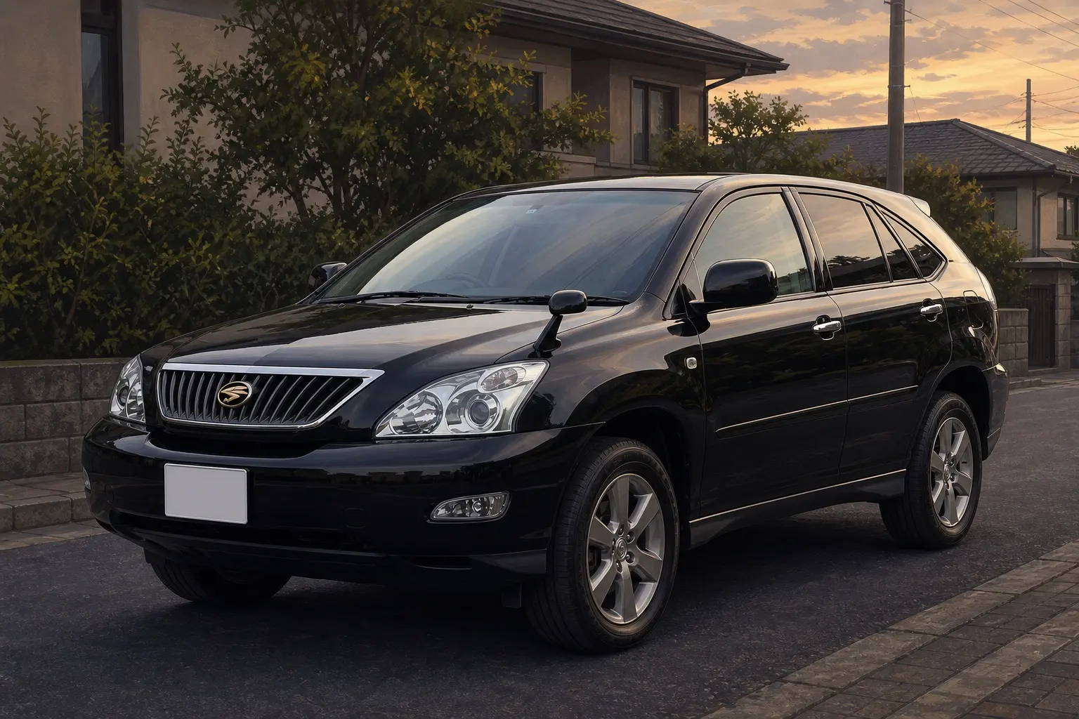 2代目トヨタ ハリアー(XU30型)の斜め前からの実車イラスト。縦桟のクロームグリルに鷹のエンブレム、切れ長のヘッドランプ、全長4,730mmのボディ、ボディカラーはブラック。夕方の郊外の道路脇