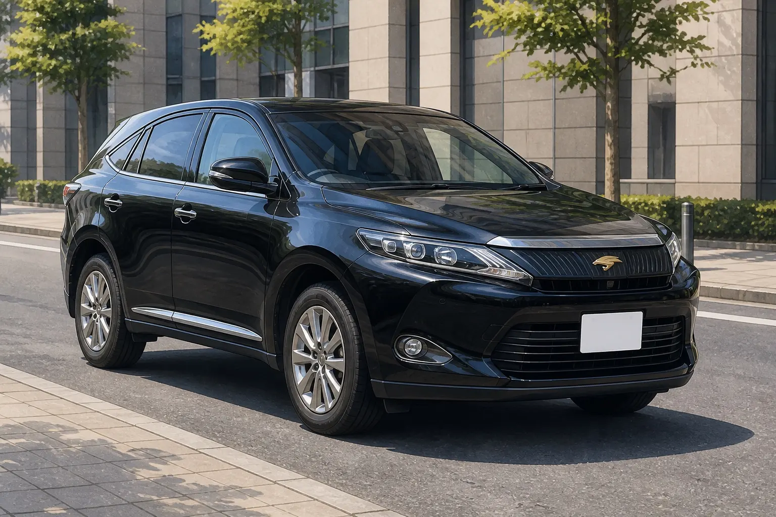 3代目トヨタ ハリアー(XU60型・2013年〜2017年の前期型)の斜め前からの実車イラスト。細い横一文字のクロームグリルに鷹のエンブレム、切れ長のヘッドランプ、全長4,720mmのボディ、ボディカラーはブラック。晴れた日の街なかの道路脇