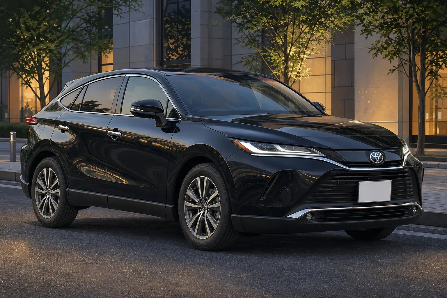 4代目トヨタ ハリアー(XU80型)の斜め前からの実車イラスト。横一文字に細いヘッドランプ、下に大きく開いたグリル、後方へ流れるクーペ風のルーフライン、全長4,740mmのボディ、ボディカラーはプレシャスブラックパール。夕方の街なかの道路脇