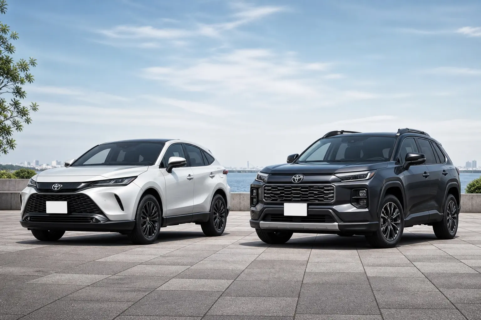 白のトヨタ ハリアーと、グレーのトヨタ RAV4を並べて斜め前から捉えたカット