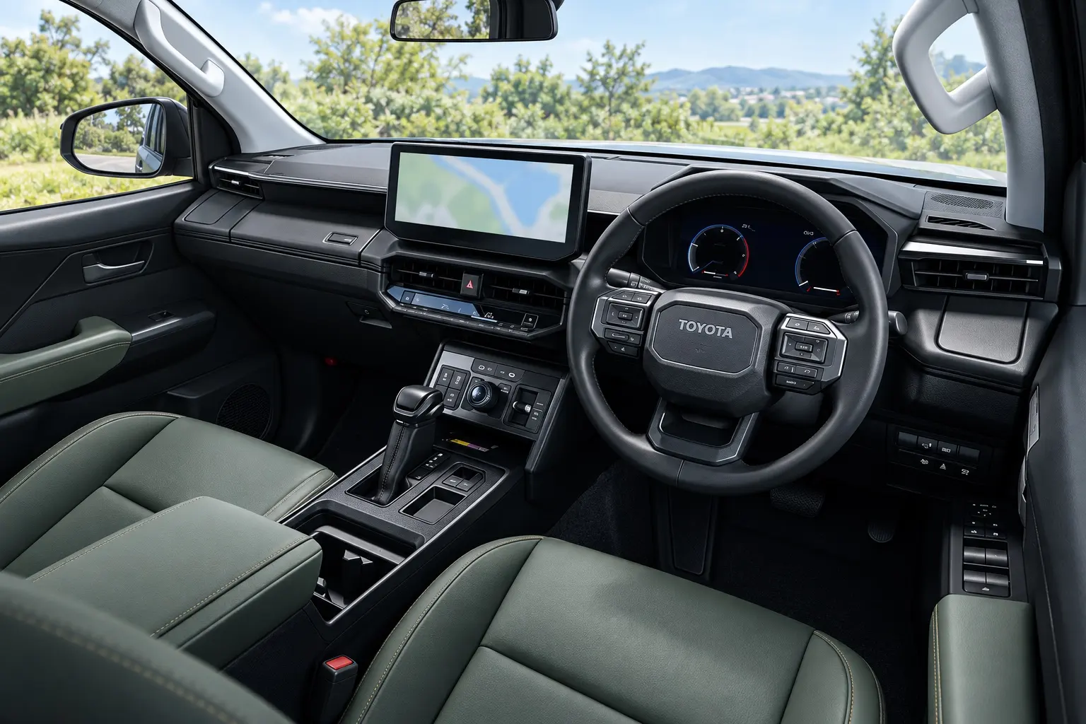 トヨタ ハイラックス(9代目)の運転席まわりの内装。ステアリング、メーター、ダッシュボード中央の横長のセンターディスプレイ、水平基調のインストルメントパネルが分かるカット。日中の自然光