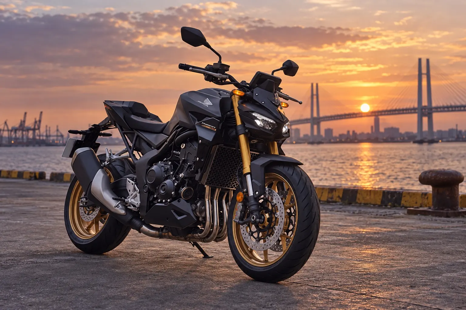 ホンダ CB1000 HORNET SPを斜め前から見たカット。つや消しの黒い車体、鋭い目つきのヘッドライト、金色のフロントフォーク、むき出しの4気筒エンジン