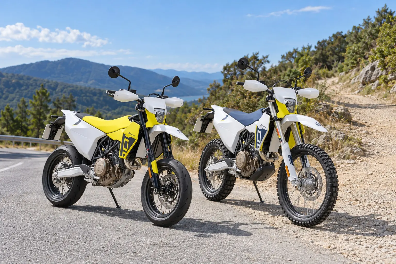 ハスクバーナの701 SUPERMOTOと701 ENDUROを並べたカット。左は前後17インチのホイールに太い舗装路用タイヤのモタード、右は大きな前輪にブロックタイヤのエンデューロ。どちらも細身のシートと、高い前フェンダー
