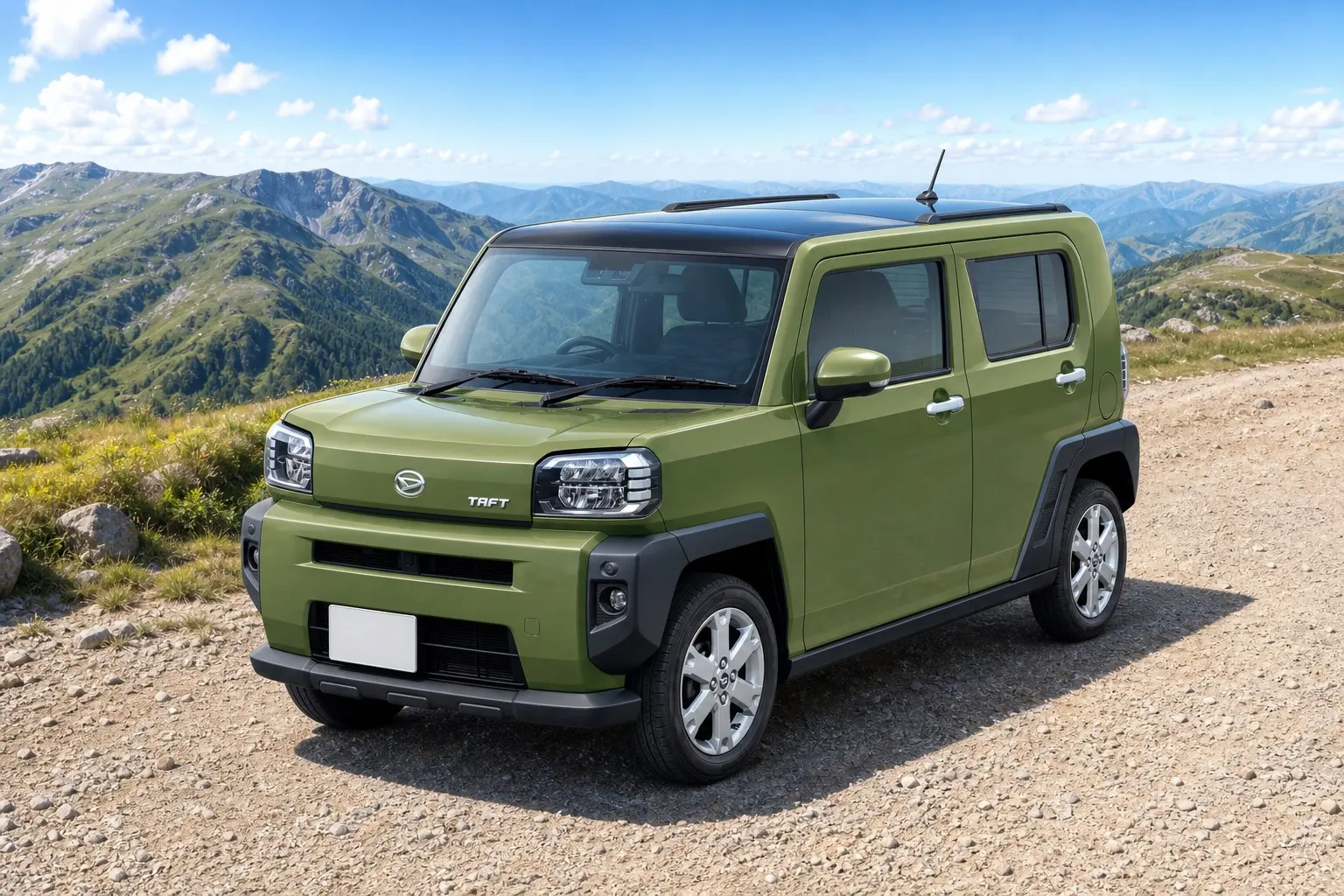 ダイハツ タフトの斜め前からの外観。フォレストカーキメタリック。同じ郊外の空き地を背景に、ハスラーと同じ画角で
