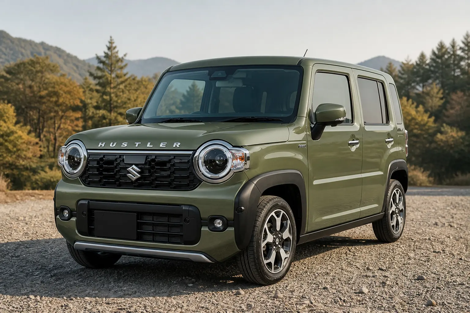 2代目スズキ ハスラーの斜め前からの外観。ウッドランドカーキメタリックのモノトーン。郊外の砂利敷きの駐車場を背景に、朝の斜光